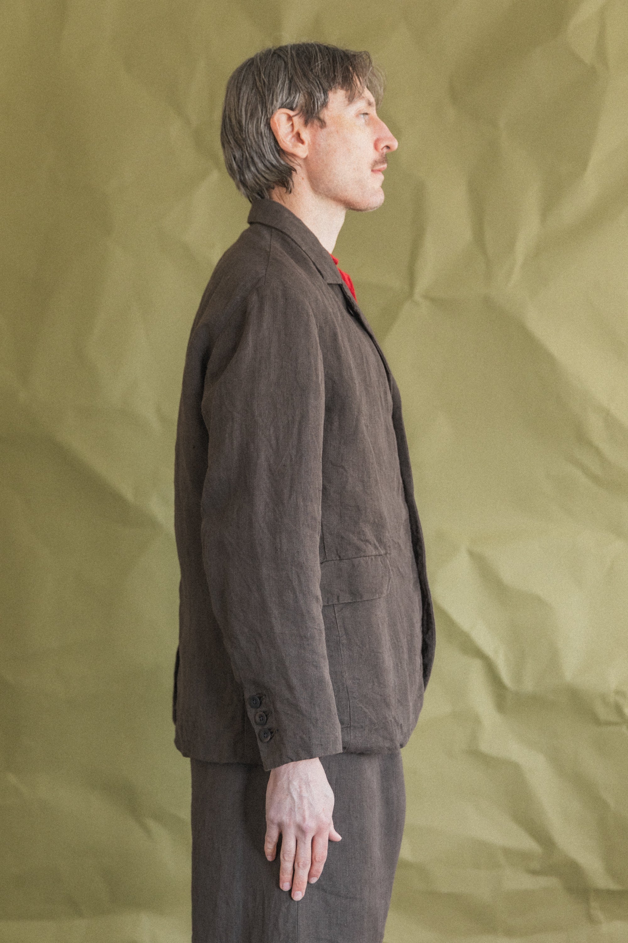 THREE BUTTON JACKET IN SHALE GREY DOBBY WEAVE HEMP