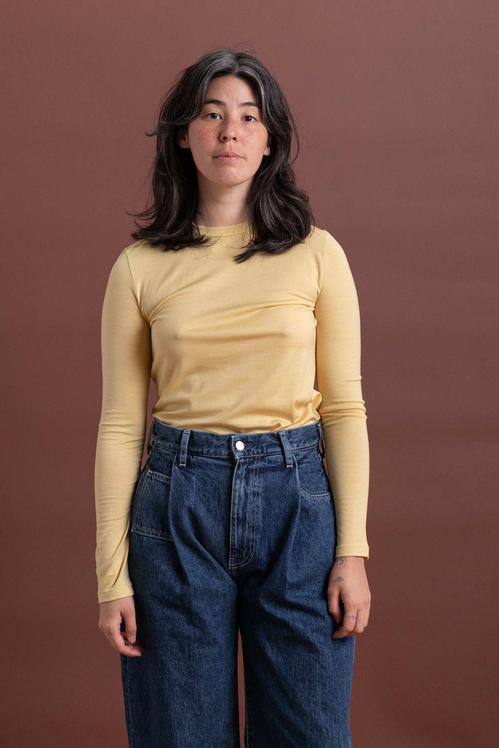 WOOL SOFT JERSEY LONG SLEEVE TEE IN MUSTARD YELLOW