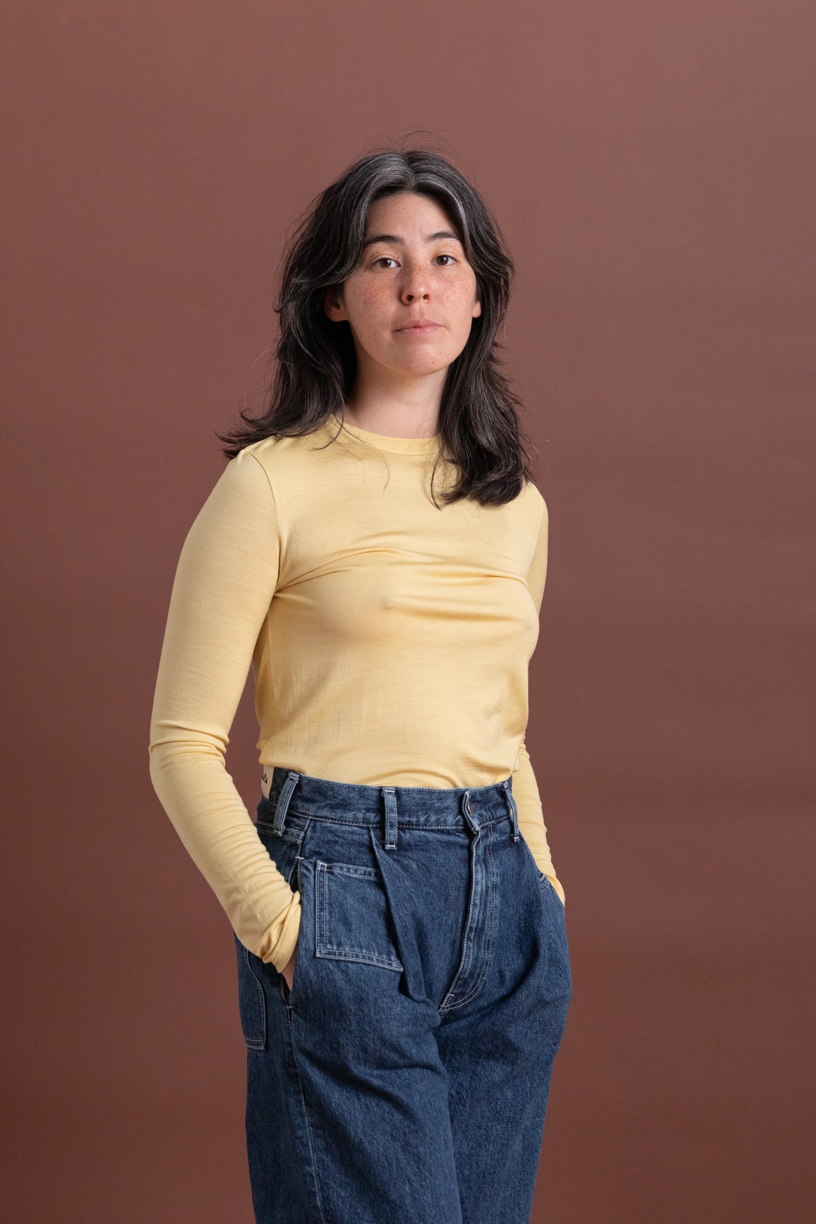 WOOL SOFT JERSEY LONG SLEEVE TEE IN MUSTARD YELLOW