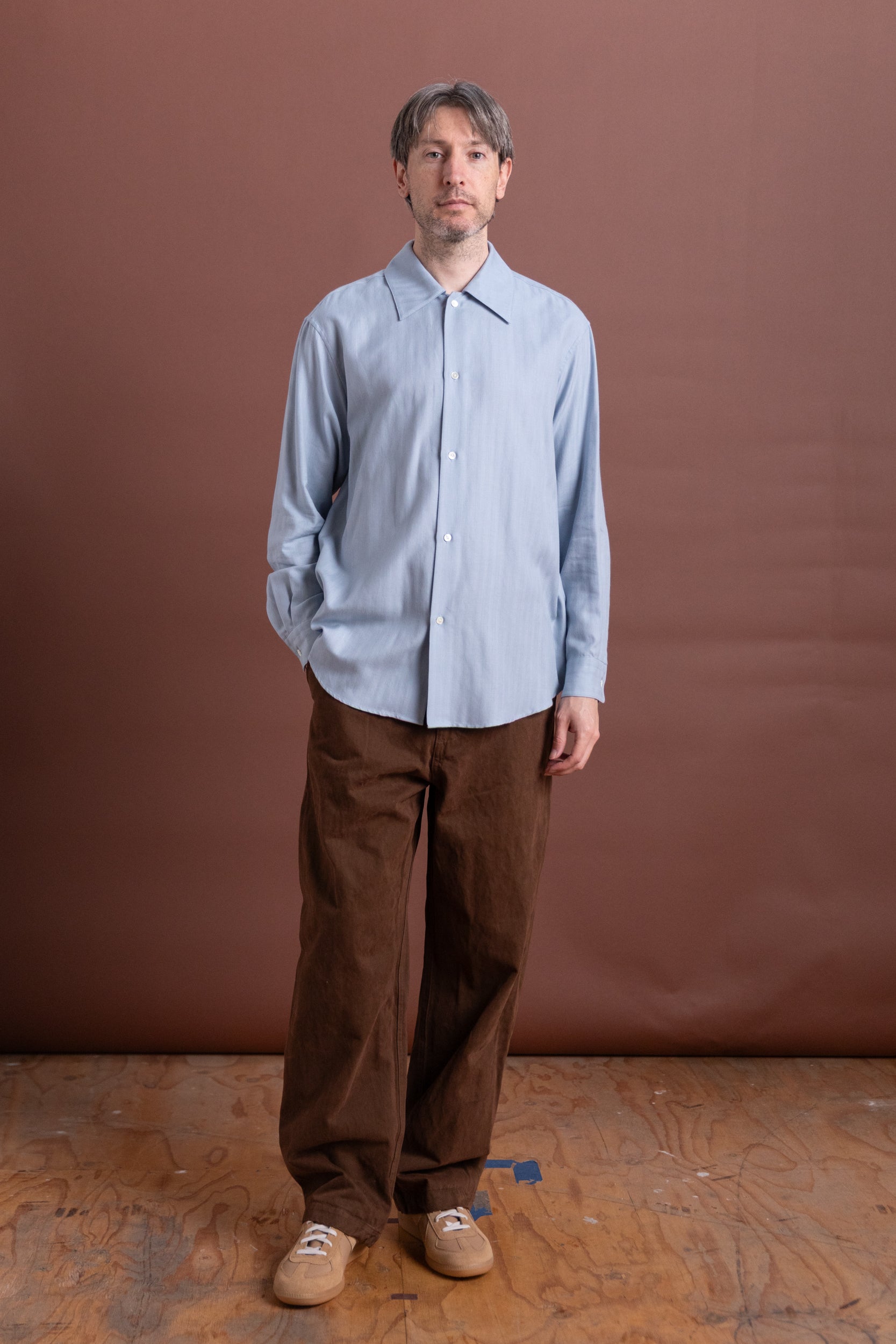 COTTON CASHMERE HERRINGBONE SHIRT IN LIGHT BLUE