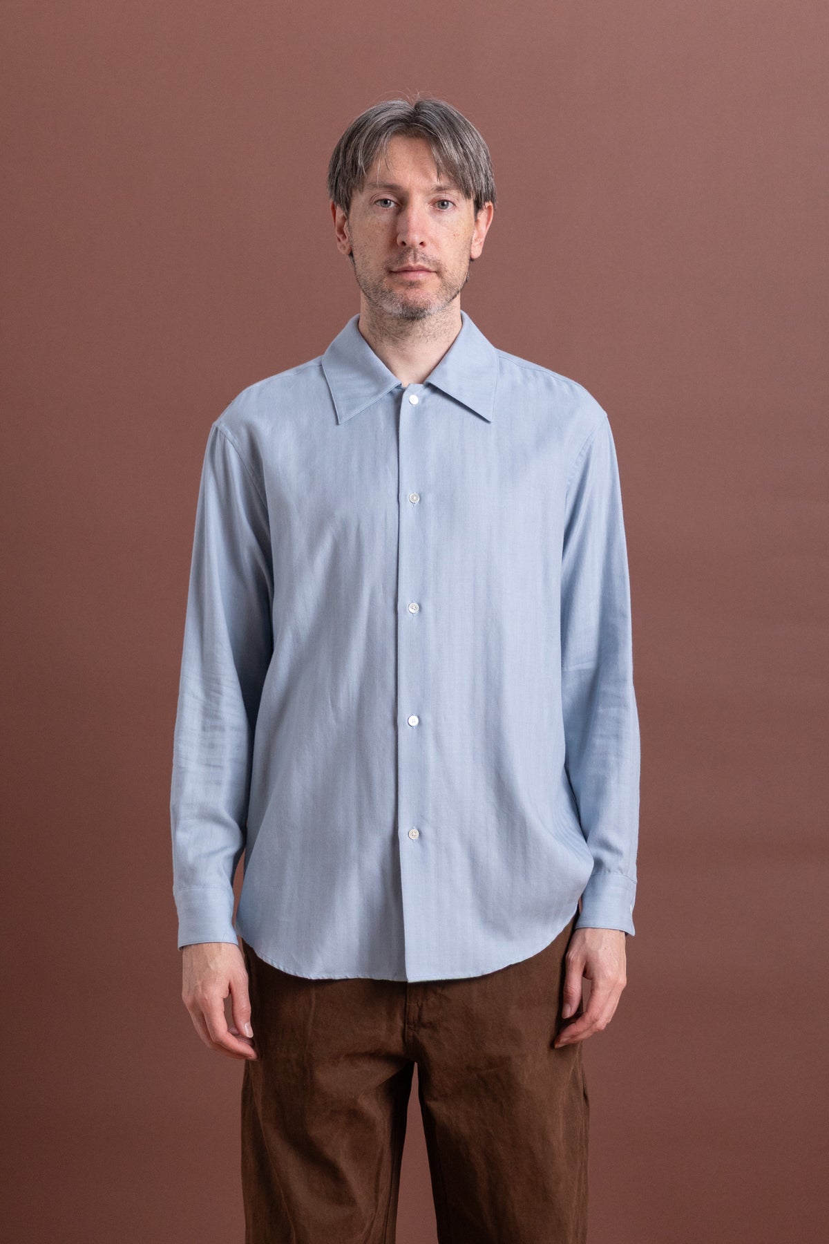 COTTON CASHMERE HERRINGBONE SHIRT IN LIGHT BLUE