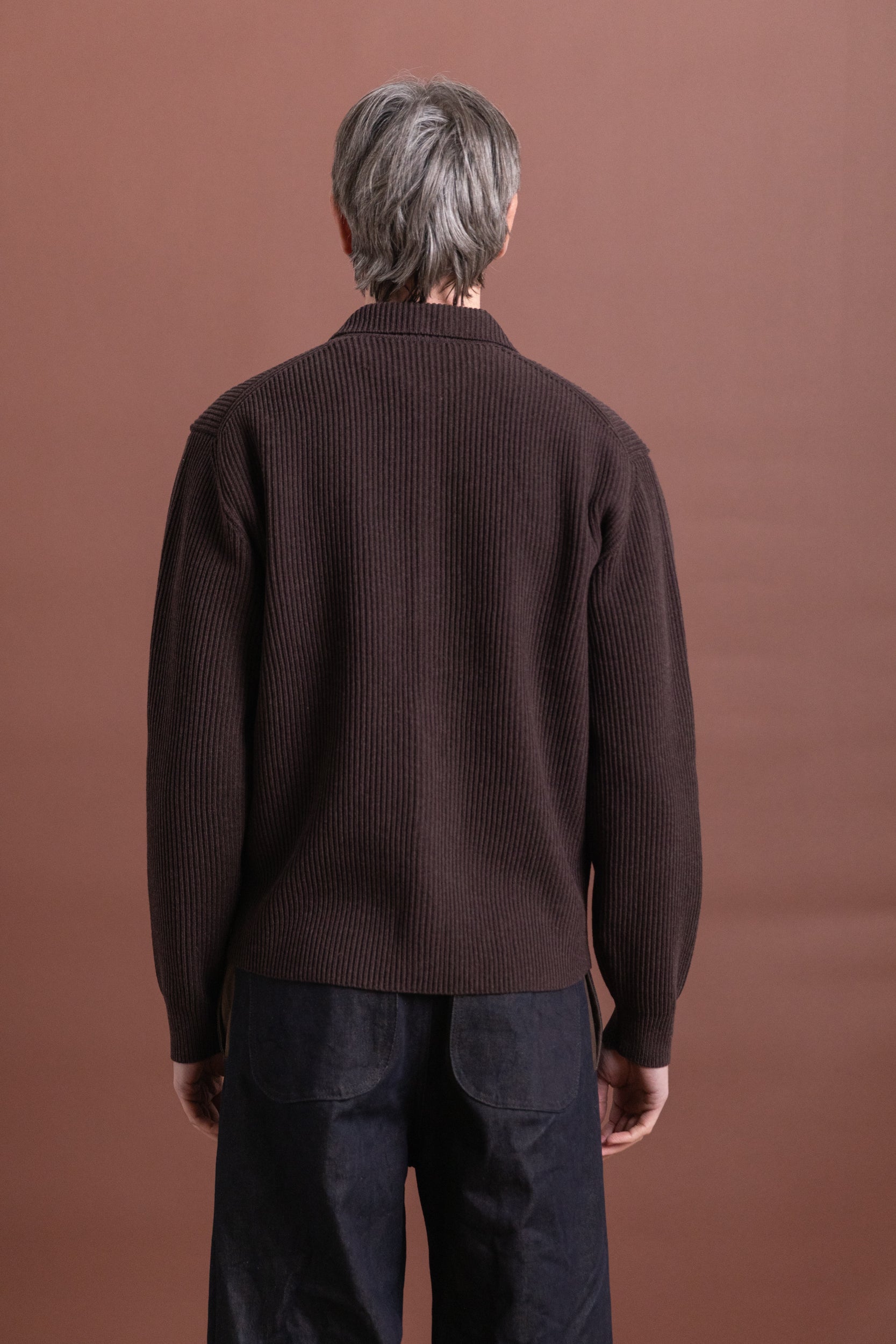 SUPER FINE WOOL RIB KNIT SHIRT CARDIGAN IN TOP BROWN
