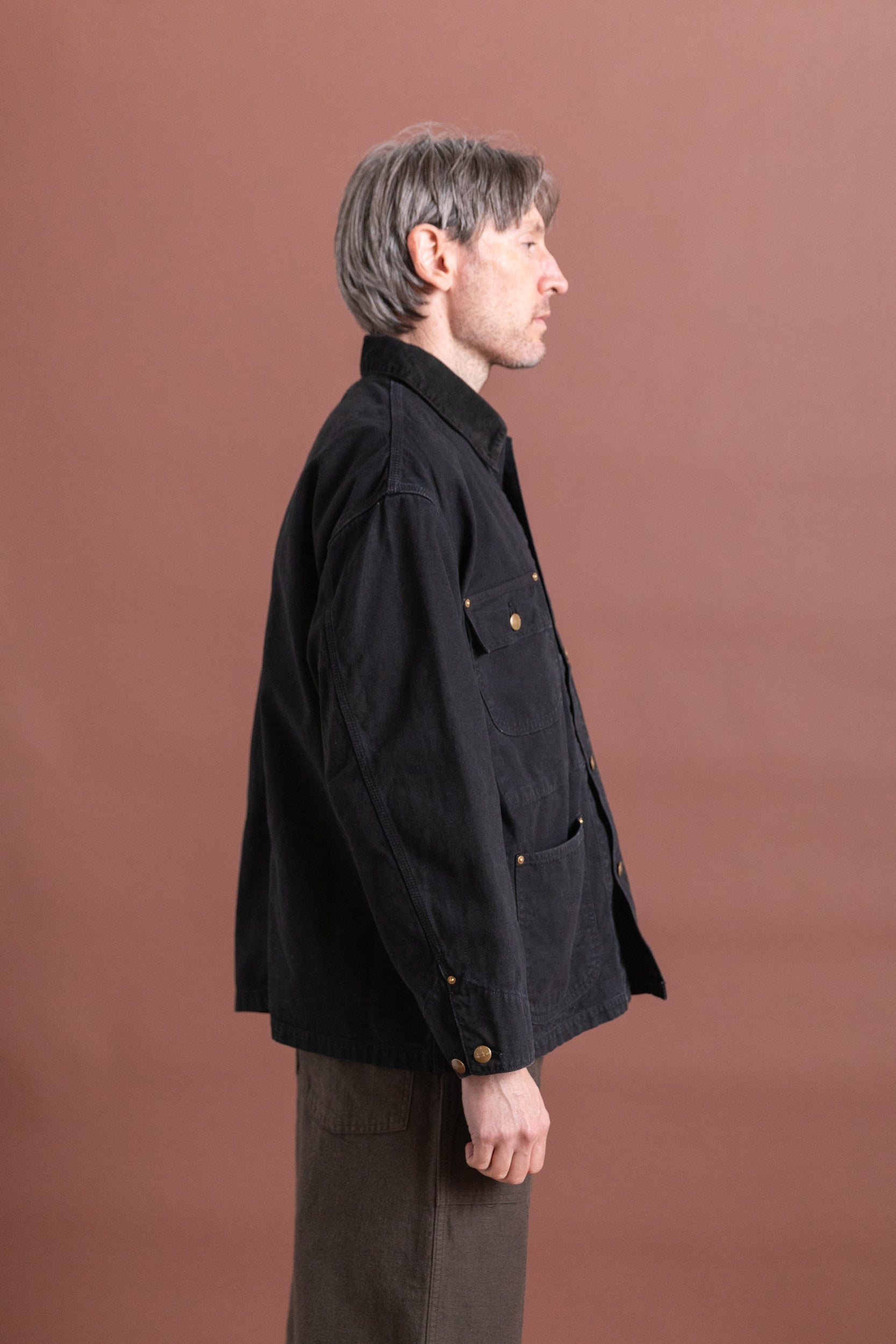 RELAX FIT OXFORD COVERALL JACKET IN BLACK