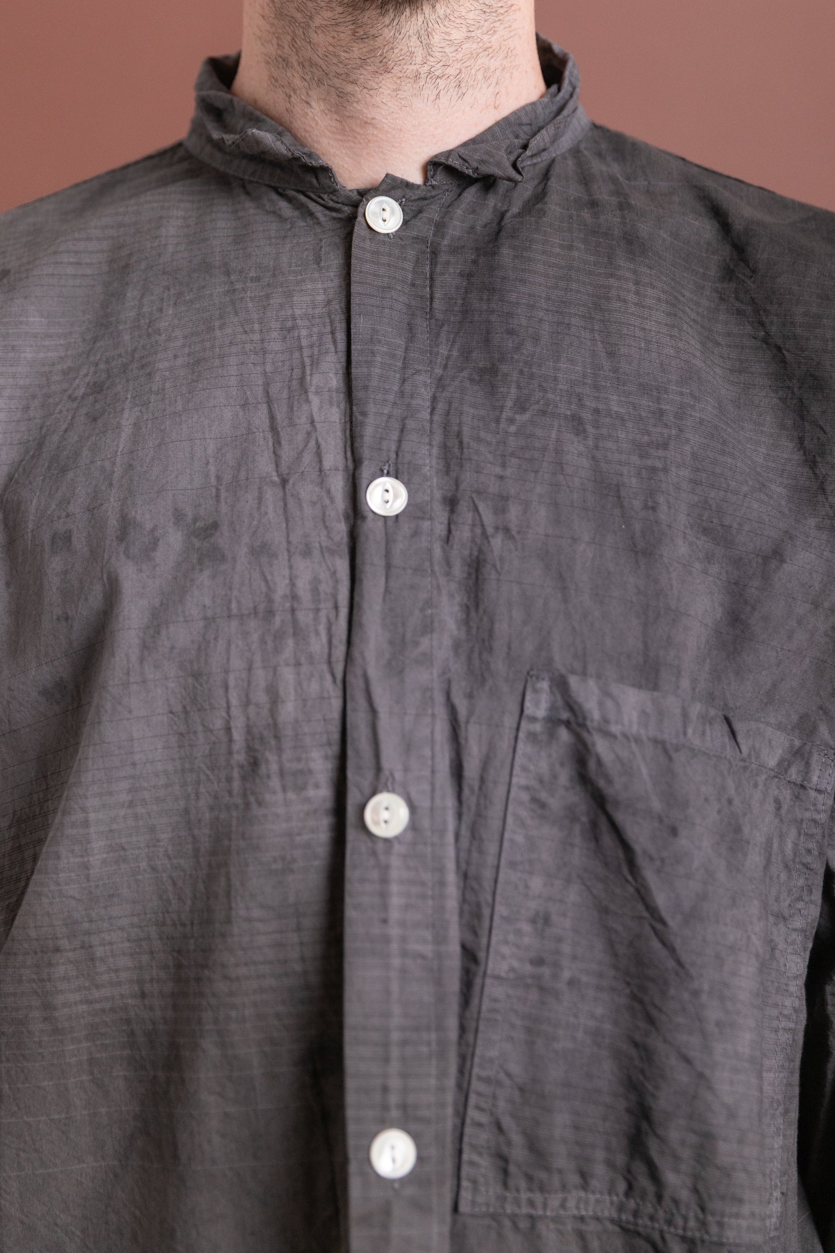 PLASTRON SHIRT IN CHESTNUT DYED DOBBLER STRIPED COTTON CAMBRIC