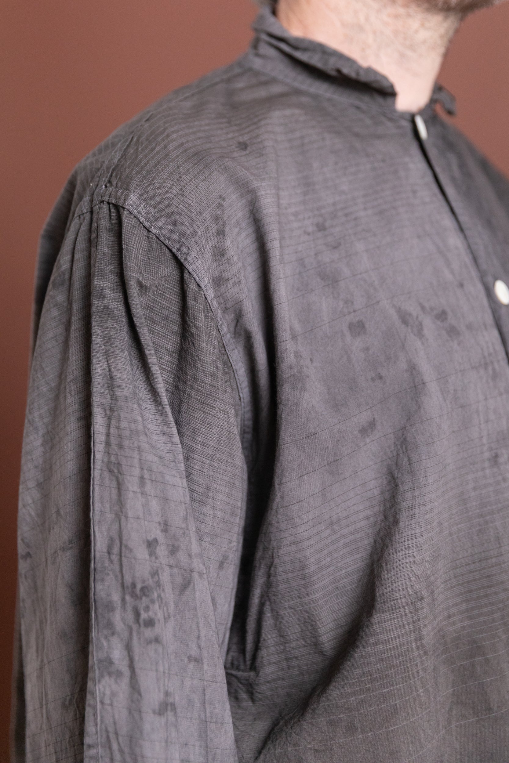 PLASTRON SHIRT IN CHESTNUT DYED DOBBLER STRIPED COTTON CAMBRIC