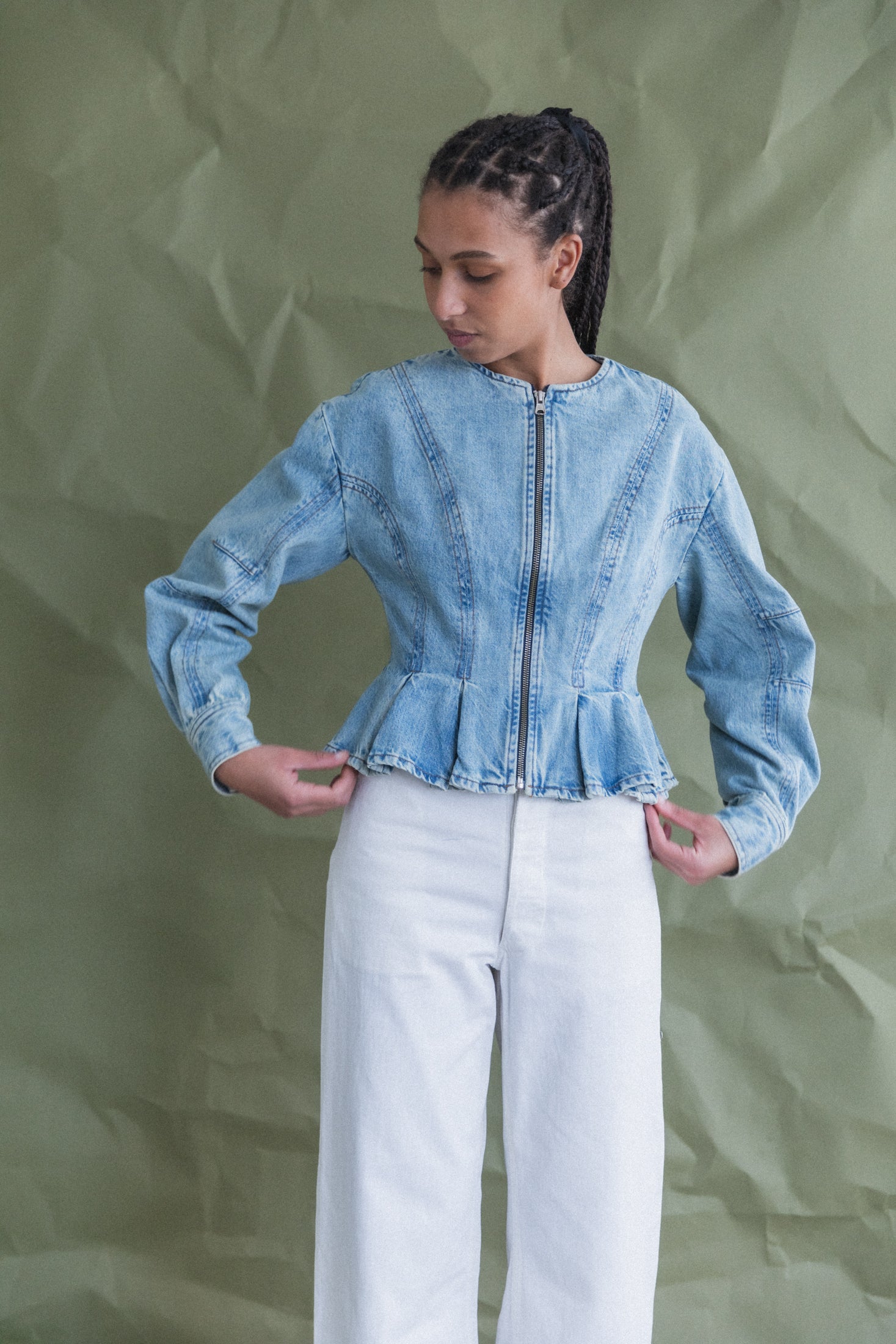 PEPLUM ZIP JACKET IN CANYON DENIM