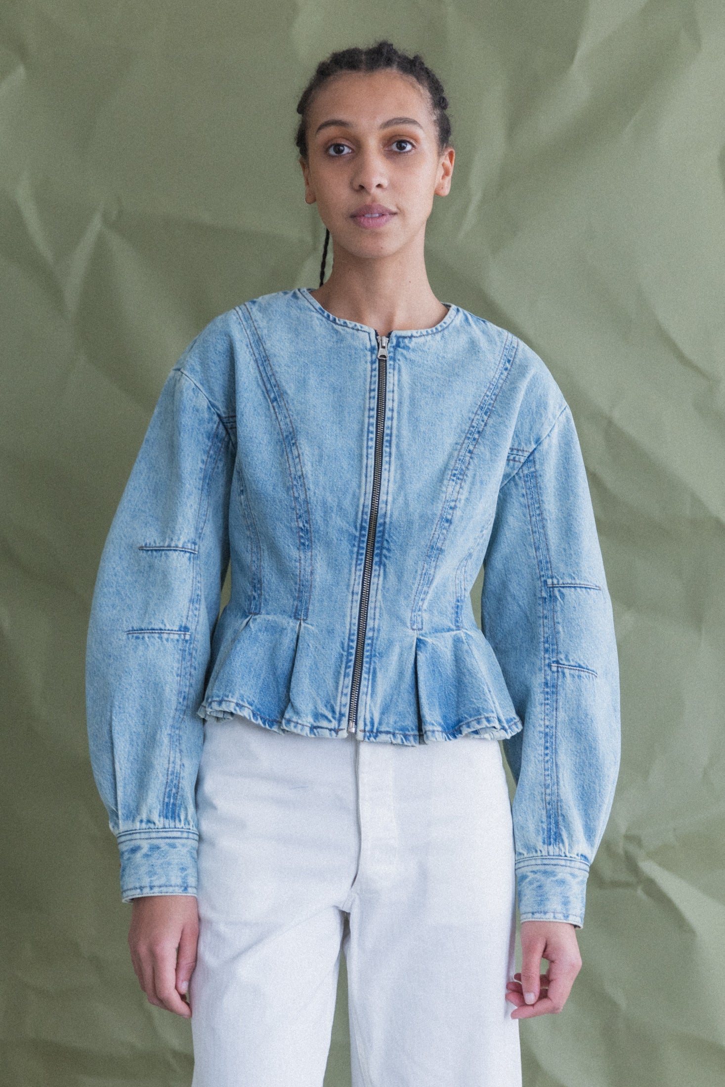 PEPLUM ZIP JACKET IN CANYON DENIM