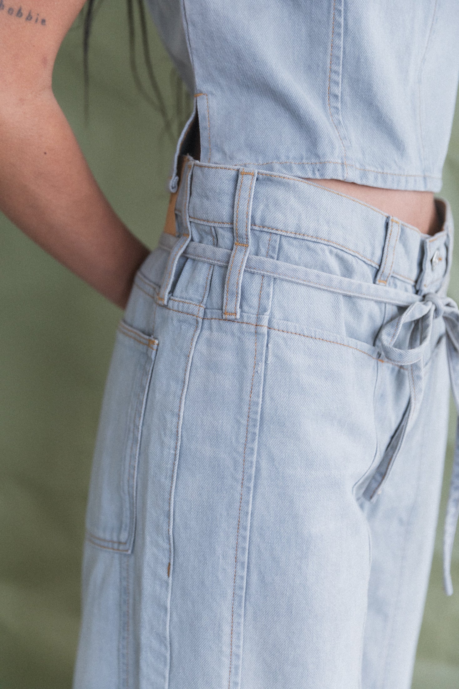 TIE FRONT SLING JEANS IN LUNAR DENIM