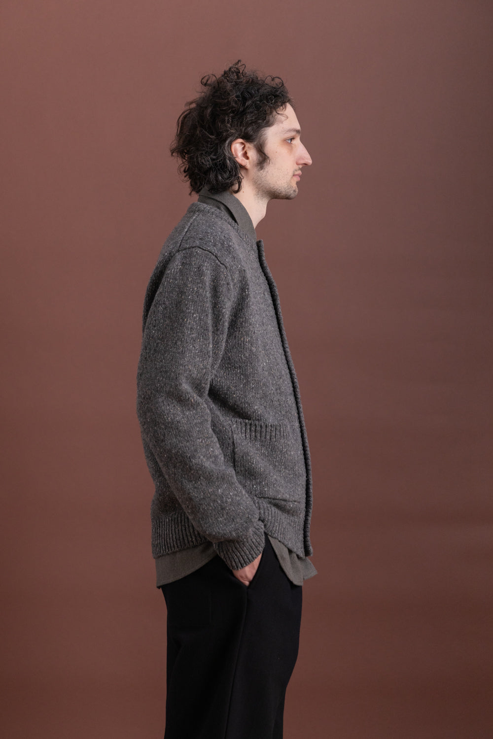 CREWNECK CARDIGAN IN HEATHER GREY WOOL TWEED