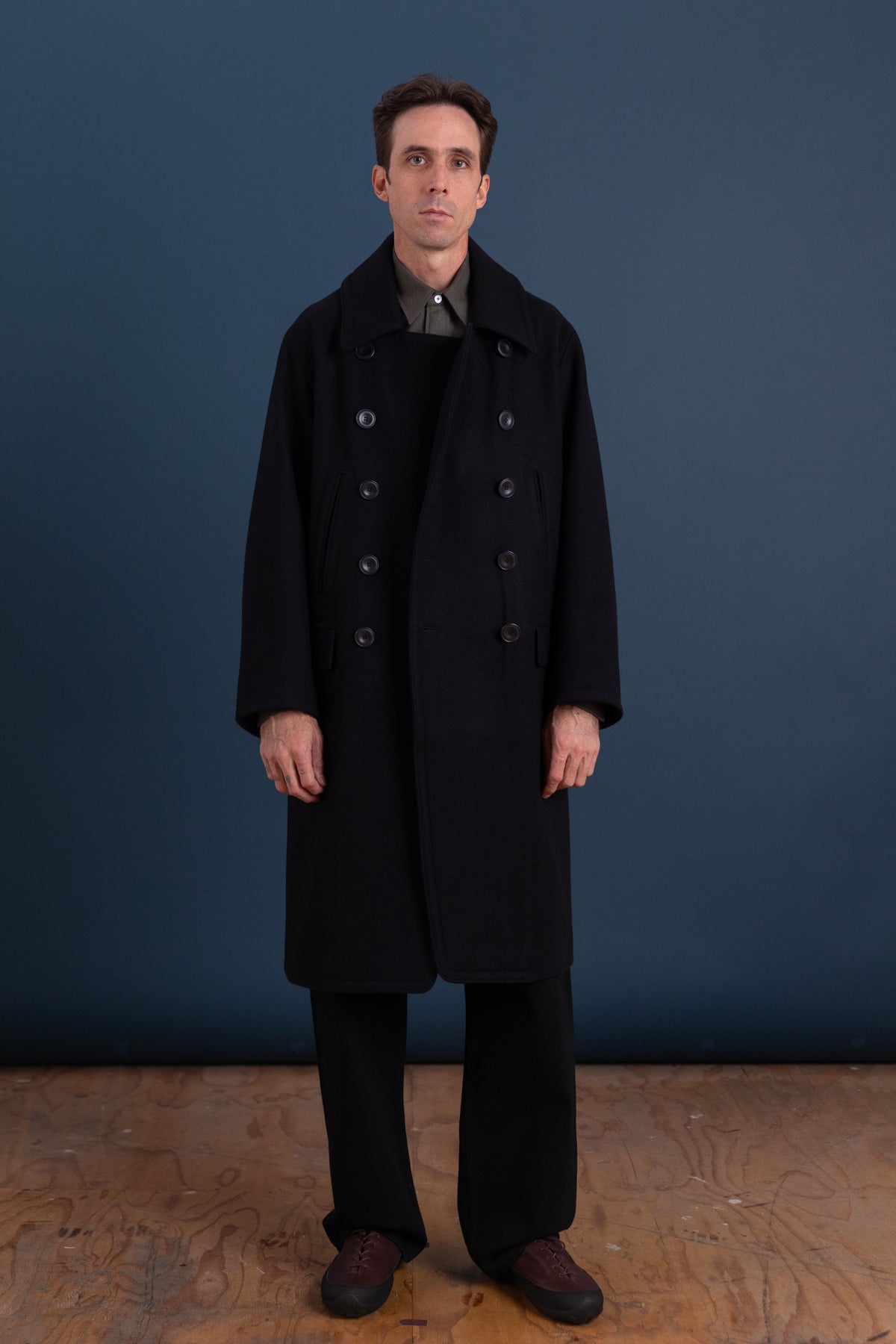 LONG PEA COAT IN DARK NAVY WOOL MELTON