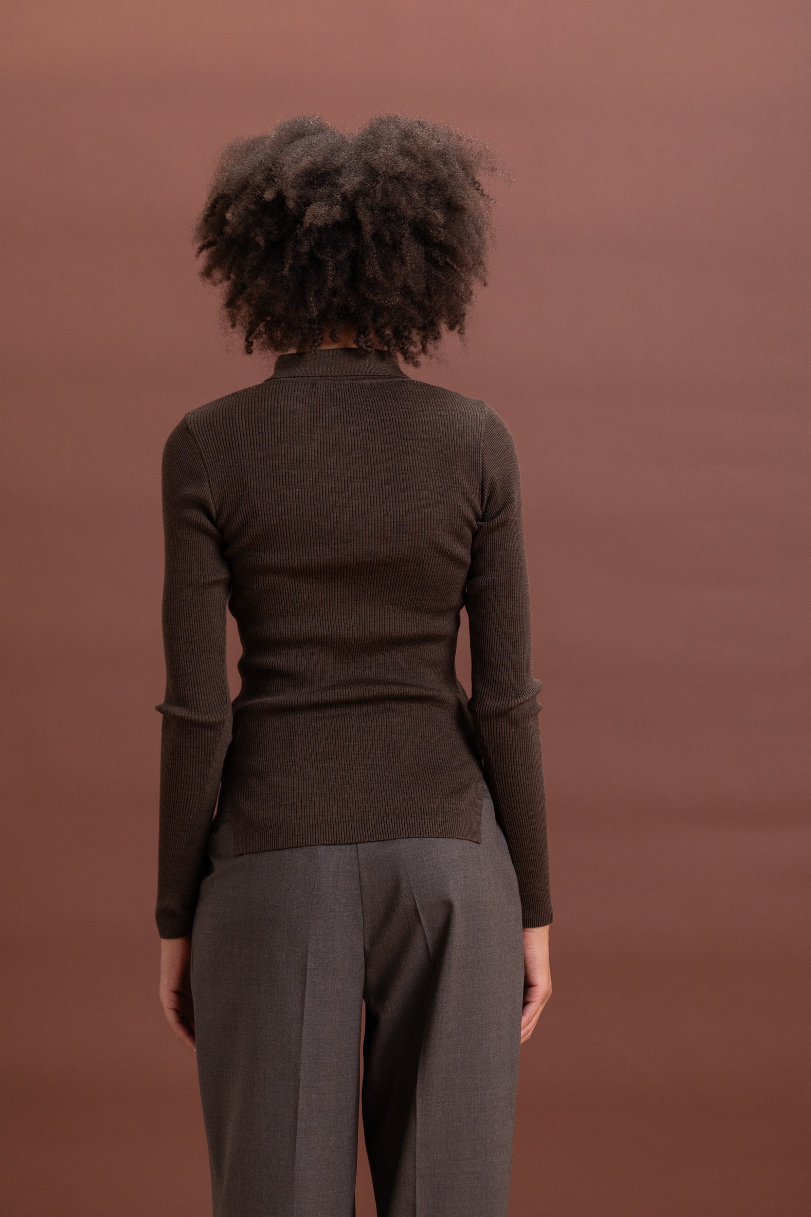 SUPER FINE WOOL HIGH GAUGE RIB KNIT POLO IN TOP BROWN