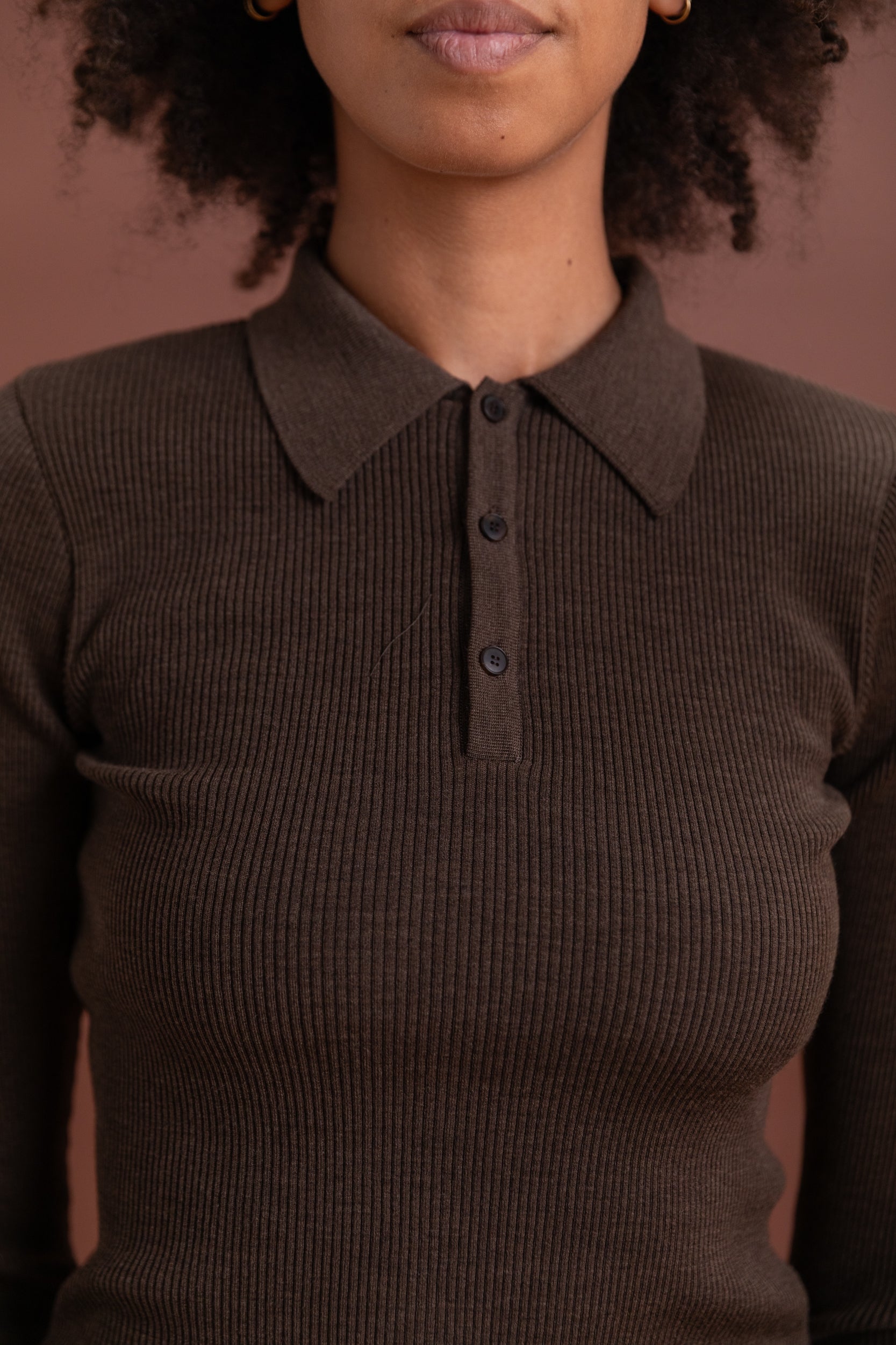 SUPER FINE WOOL HIGH GAUGE RIB KNIT POLO IN TOP BROWN