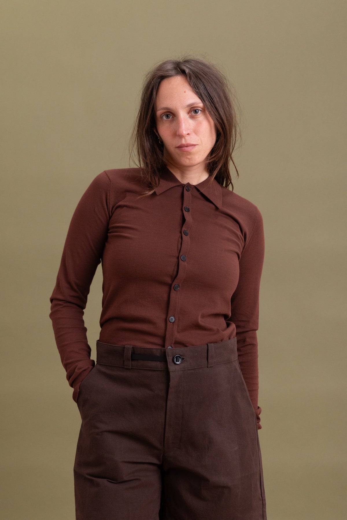 SUPER HIGH GAUGE COTTON KNIT SHIRT CARDIGAN IN BROWN