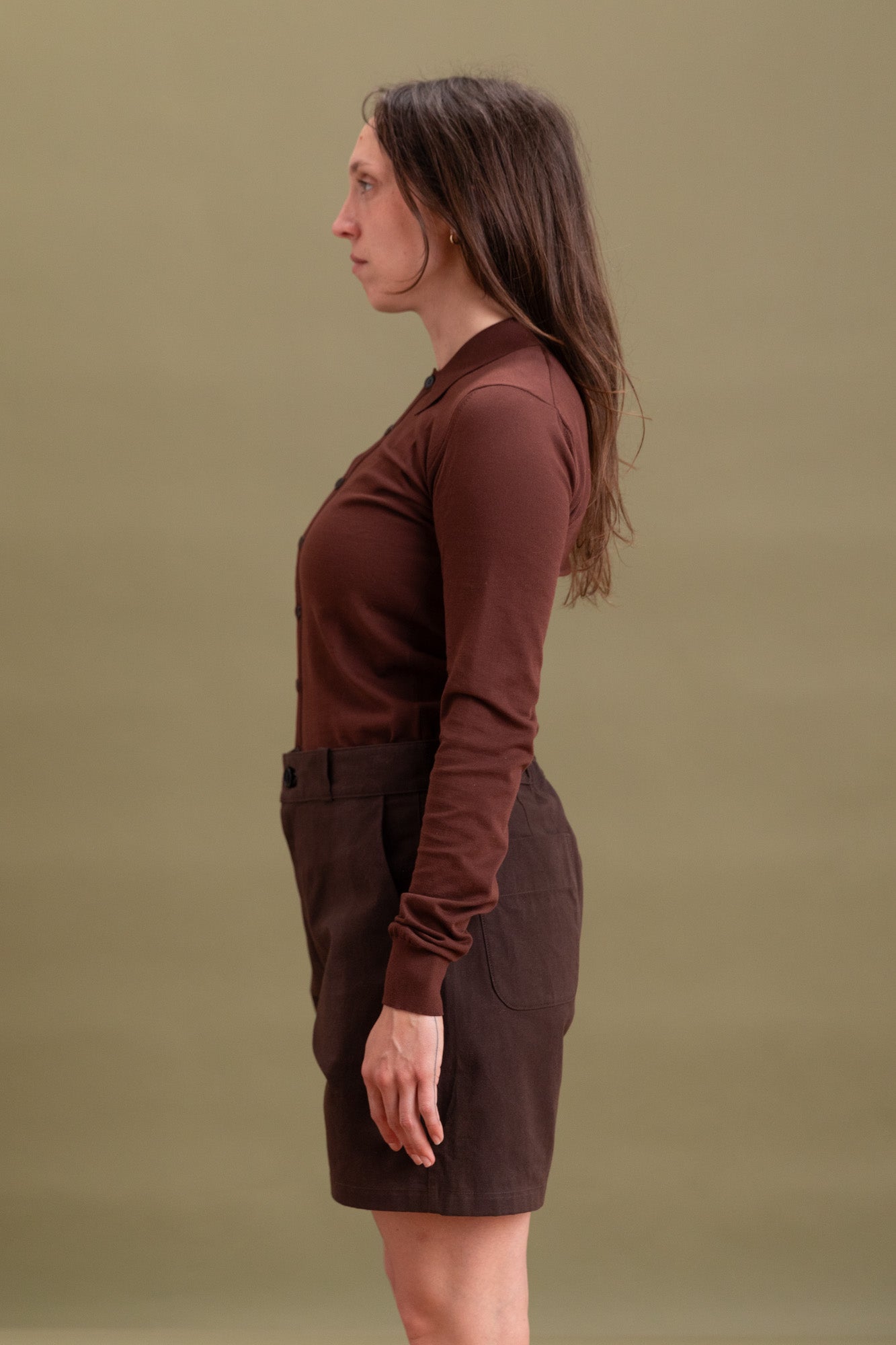 SUPER HIGH GAUGE COTTON KNIT SHIRT CARDIGAN IN BROWN