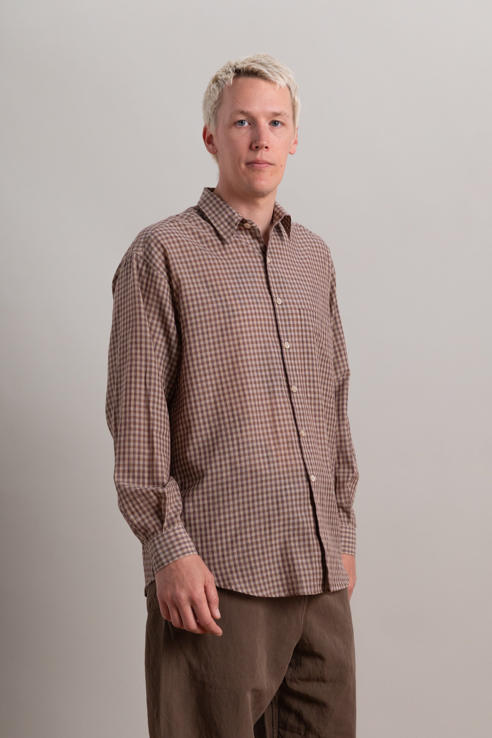 AIRY LIGHT COTTON CHECK BIG SHIRT IN BROWN GINGHAM CHECK