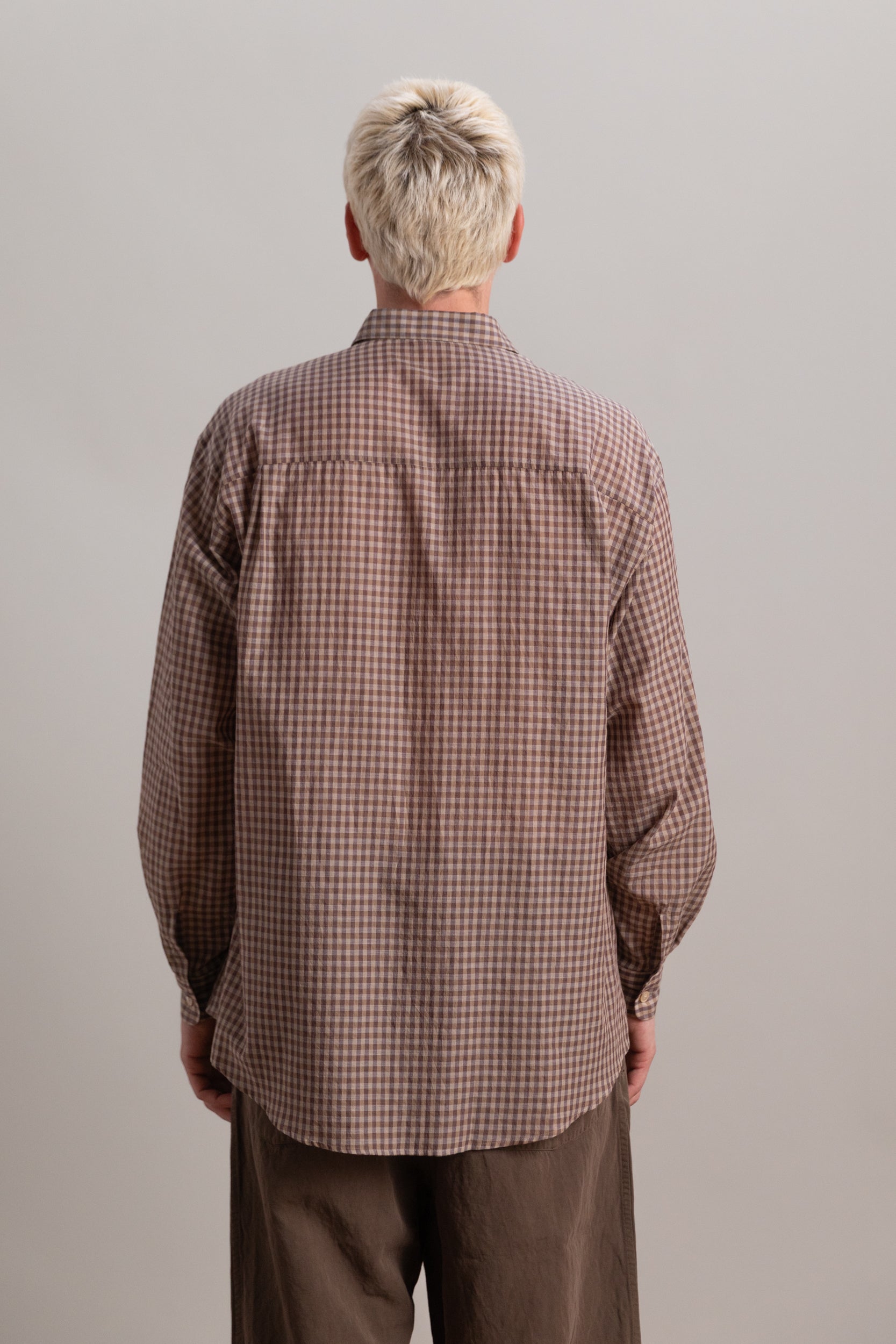 AIRY LIGHT COTTON CHECK BIG SHIRT IN BROWN GINGHAM CHECK