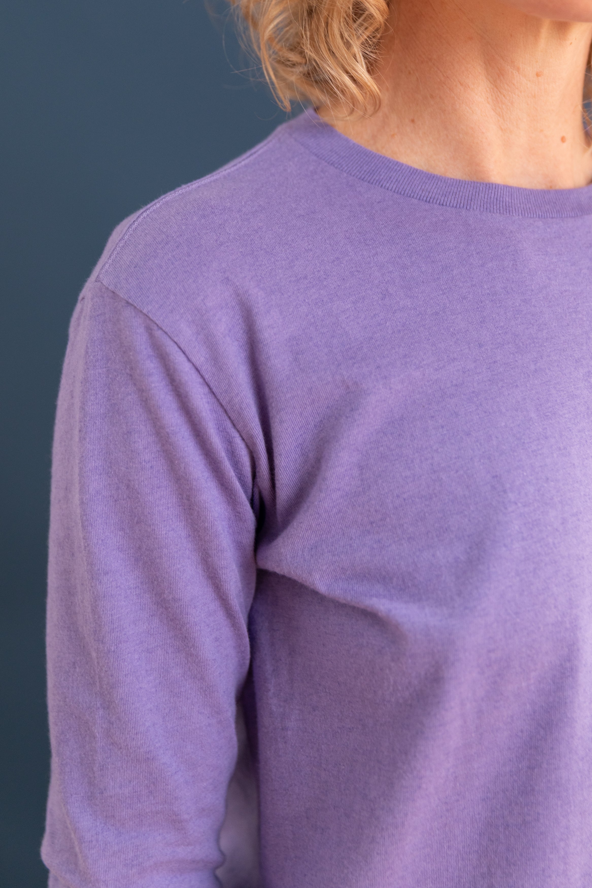 BRUSHED ORGANIC COTTON CASHMERE JERSEY LONG SLEEVE TEE IN LIGHT PURPLE