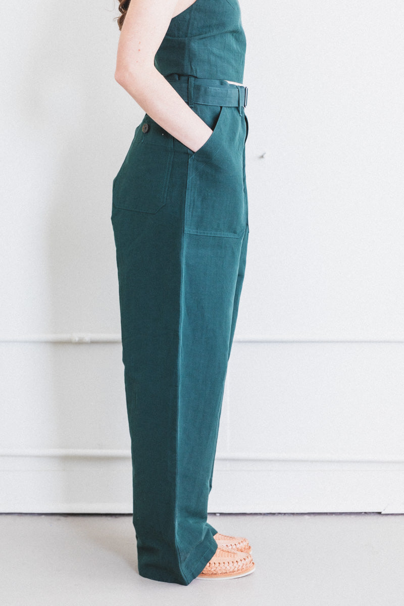 HIGH DENSITY FINX LINEN WEATHER PANTS IN DARK GREEN