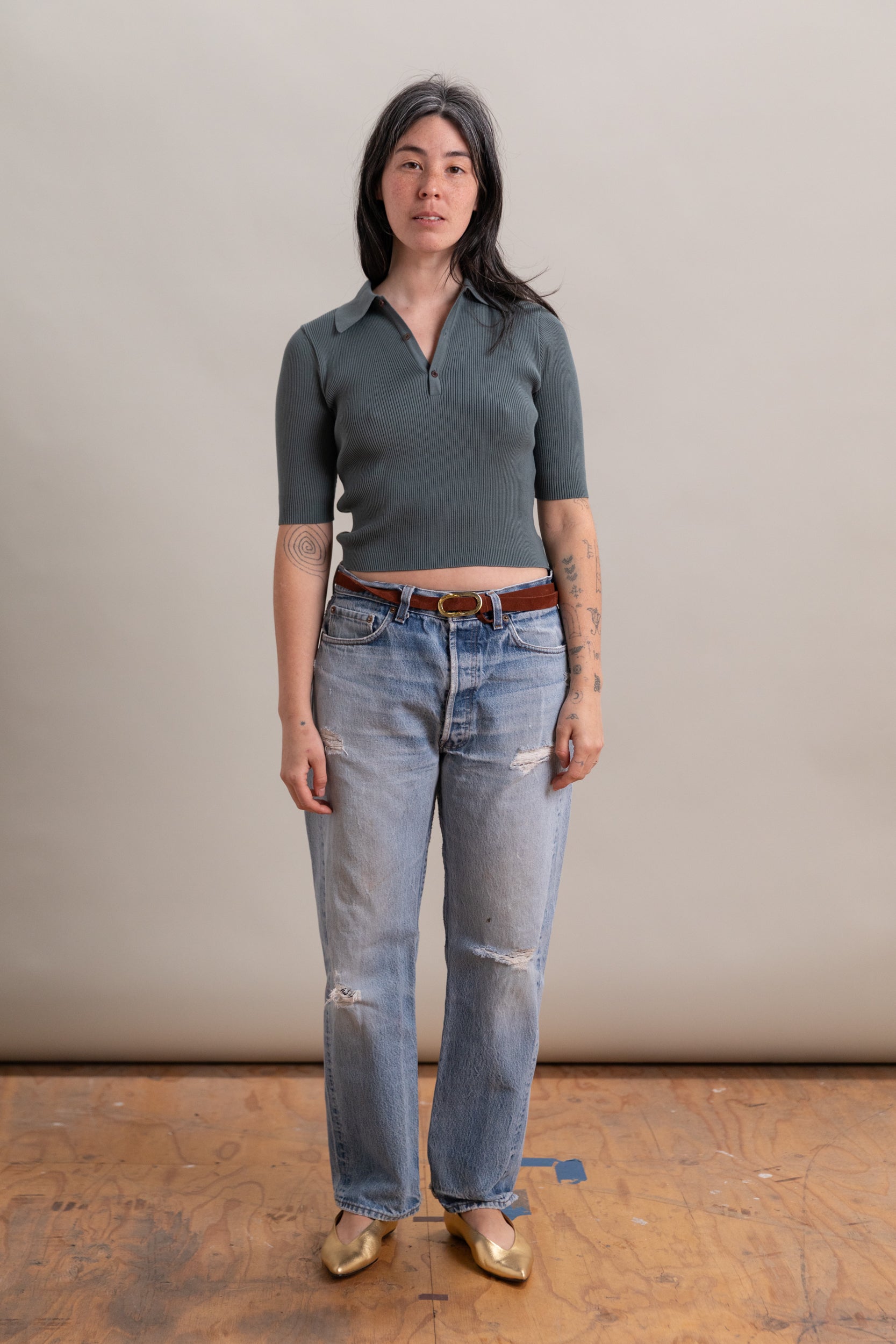 COTTON HIGH GAUGE RIB KNIT POLO IN SAGE GRAY