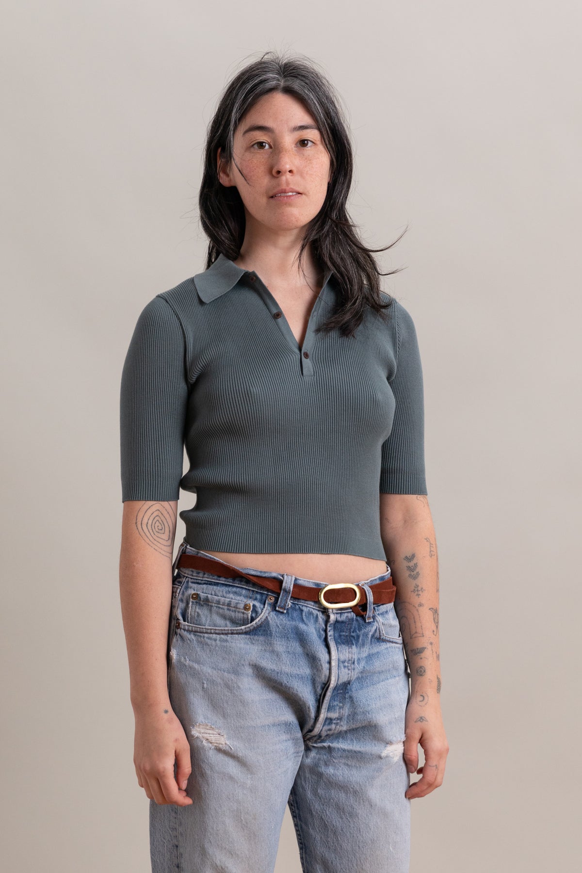 COTTON HIGH GAUGE RIB KNIT POLO IN SAGE GRAY
