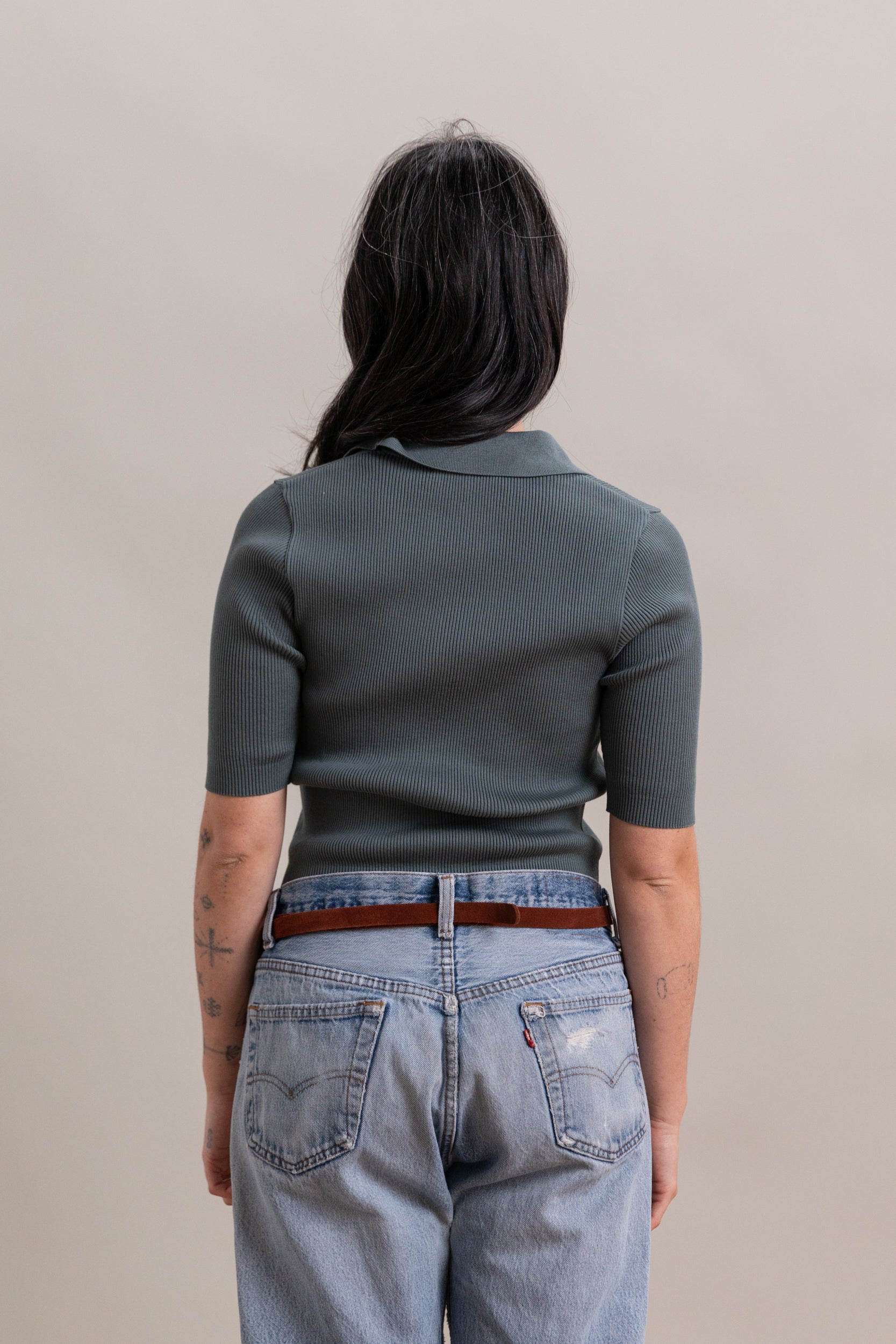 COTTON HIGH GAUGE RIB KNIT POLO IN SAGE GRAY