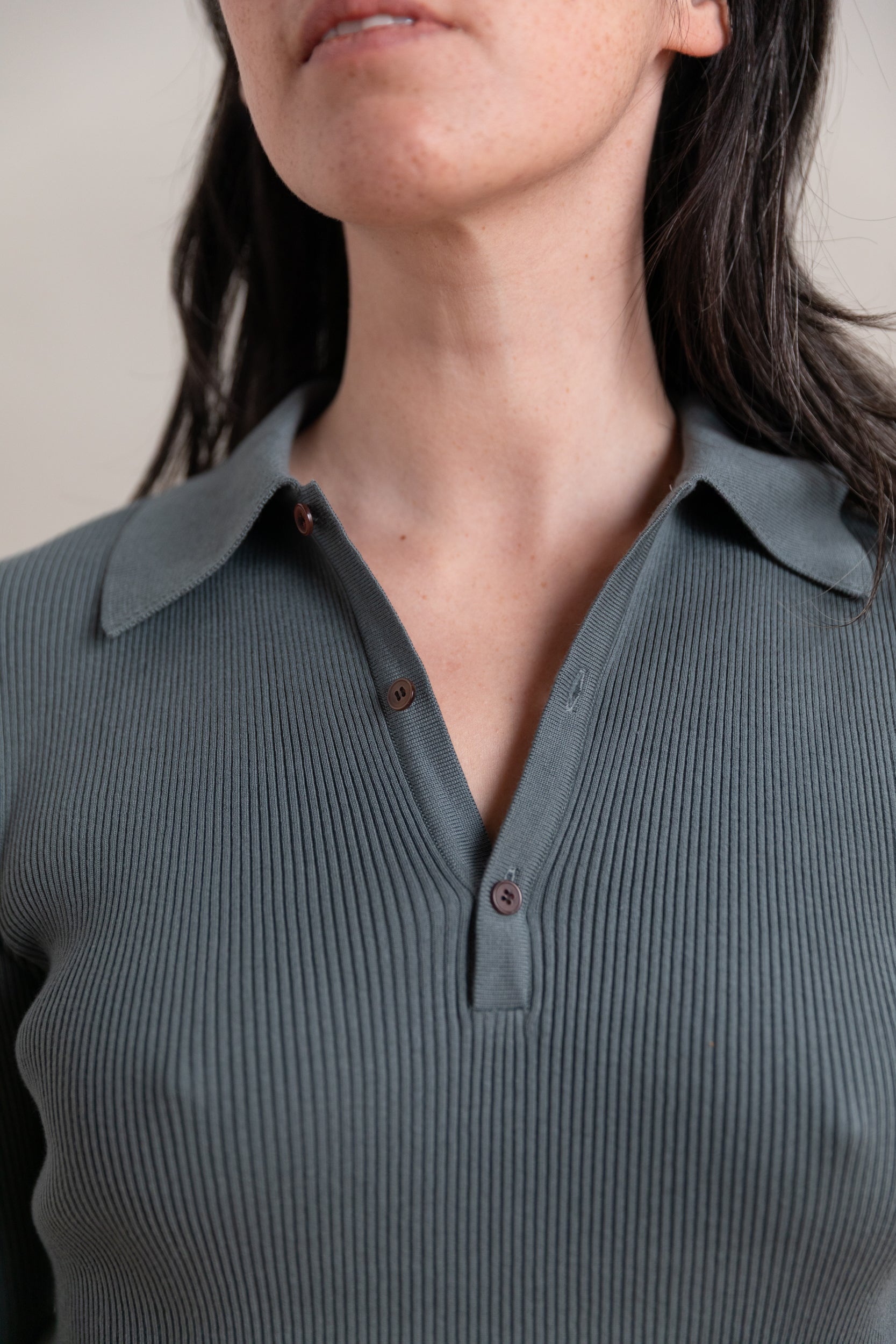 COTTON HIGH GAUGE RIB KNIT POLO IN SAGE GRAY