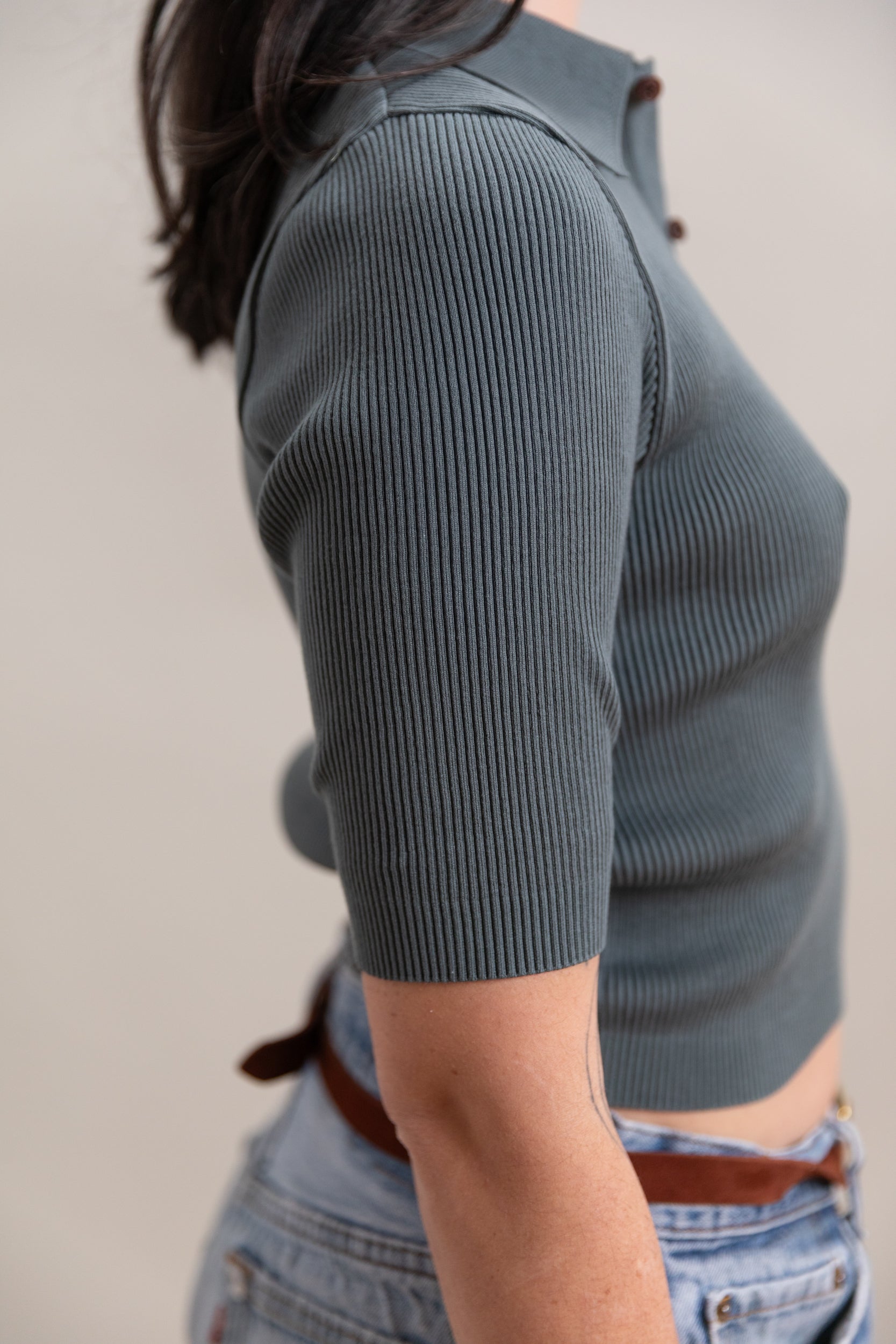 COTTON HIGH GAUGE RIB KNIT POLO IN SAGE GRAY