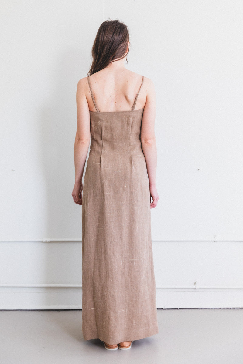 LINEN SILK TWEED DRESS IN BROWN