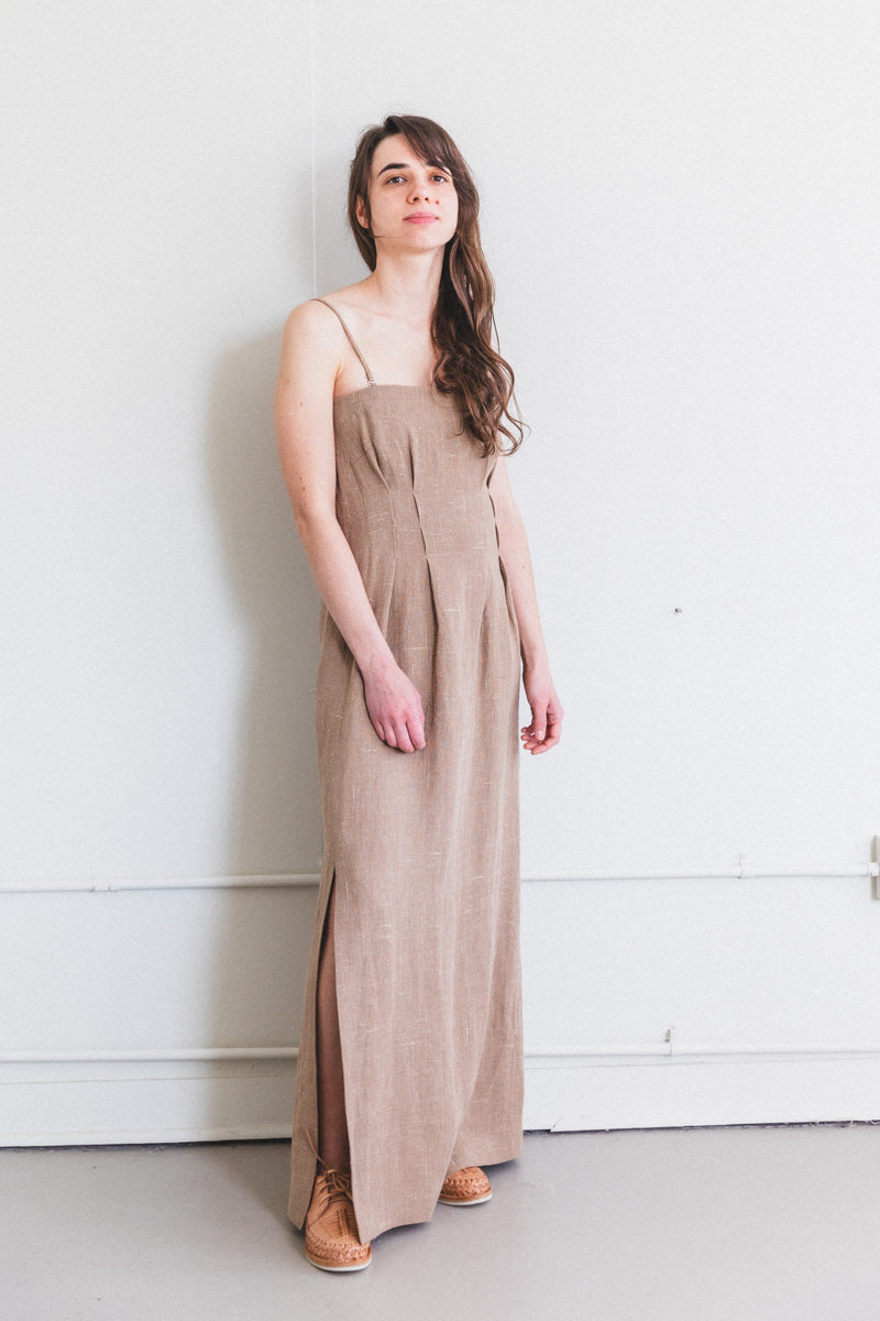 LINEN SILK TWEED DRESS IN BROWN