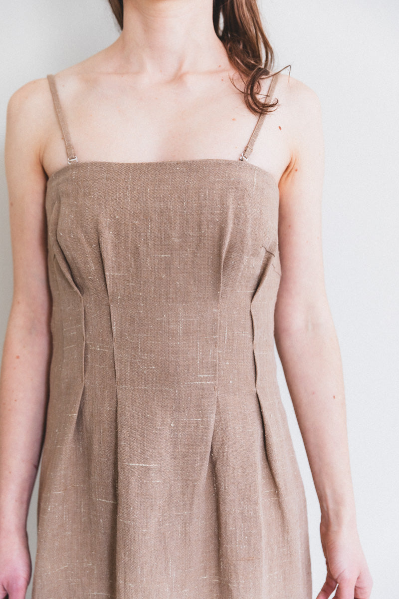 LINEN SILK TWEED DRESS IN BROWN
