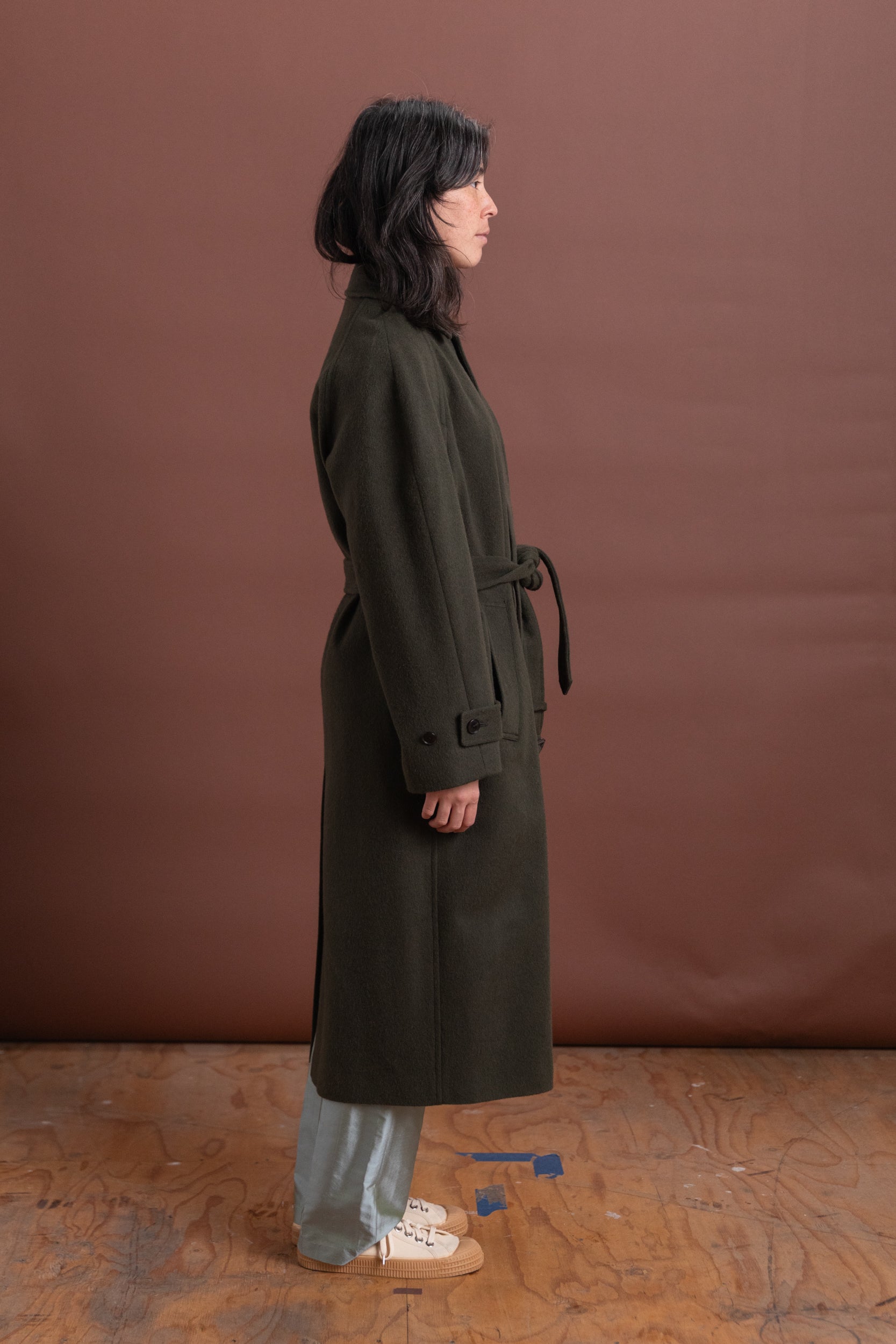 BABY CAMEL FLANNEL COAT IN DARK OLIVE