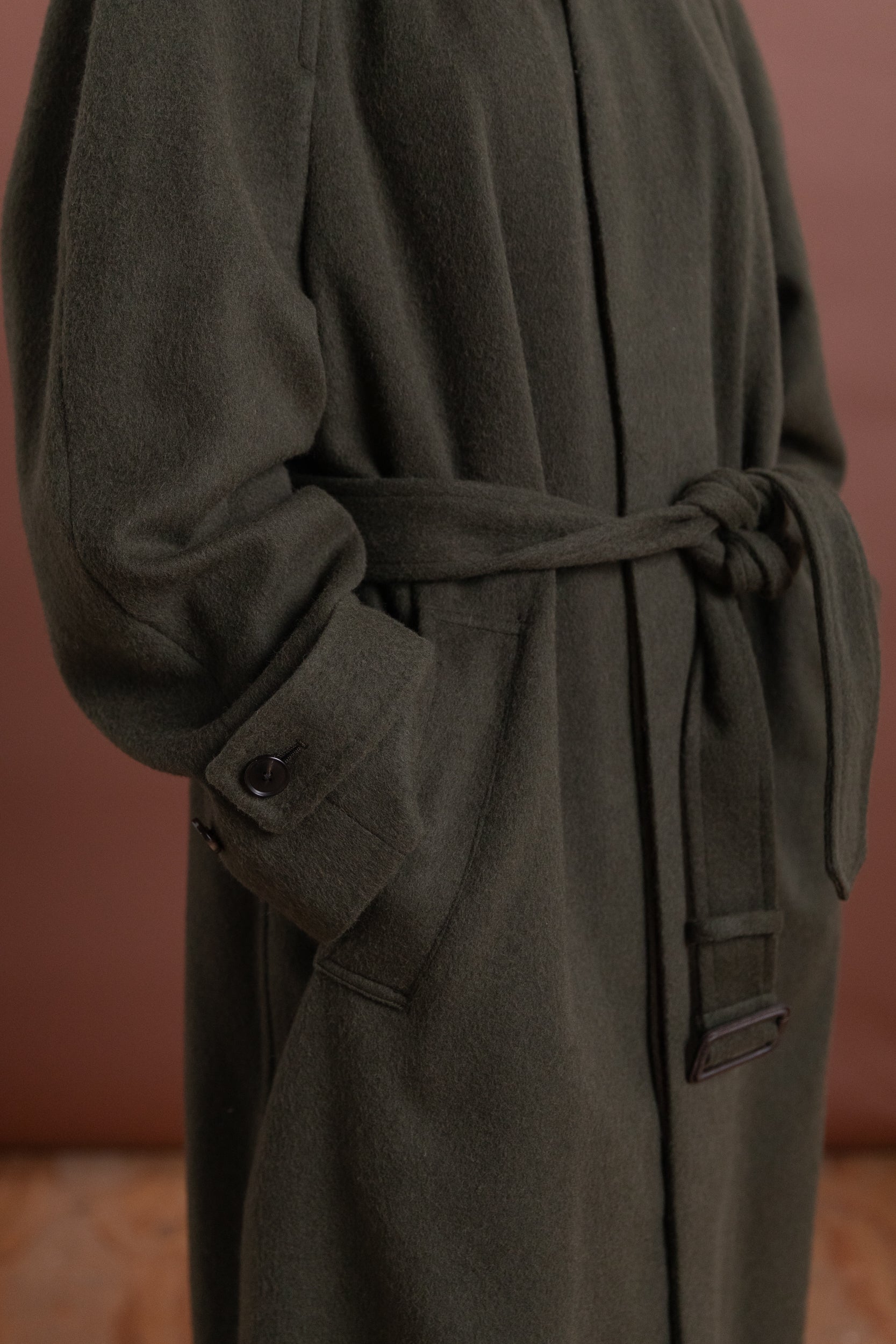 BABY CAMEL FLANNEL COAT IN DARK OLIVE