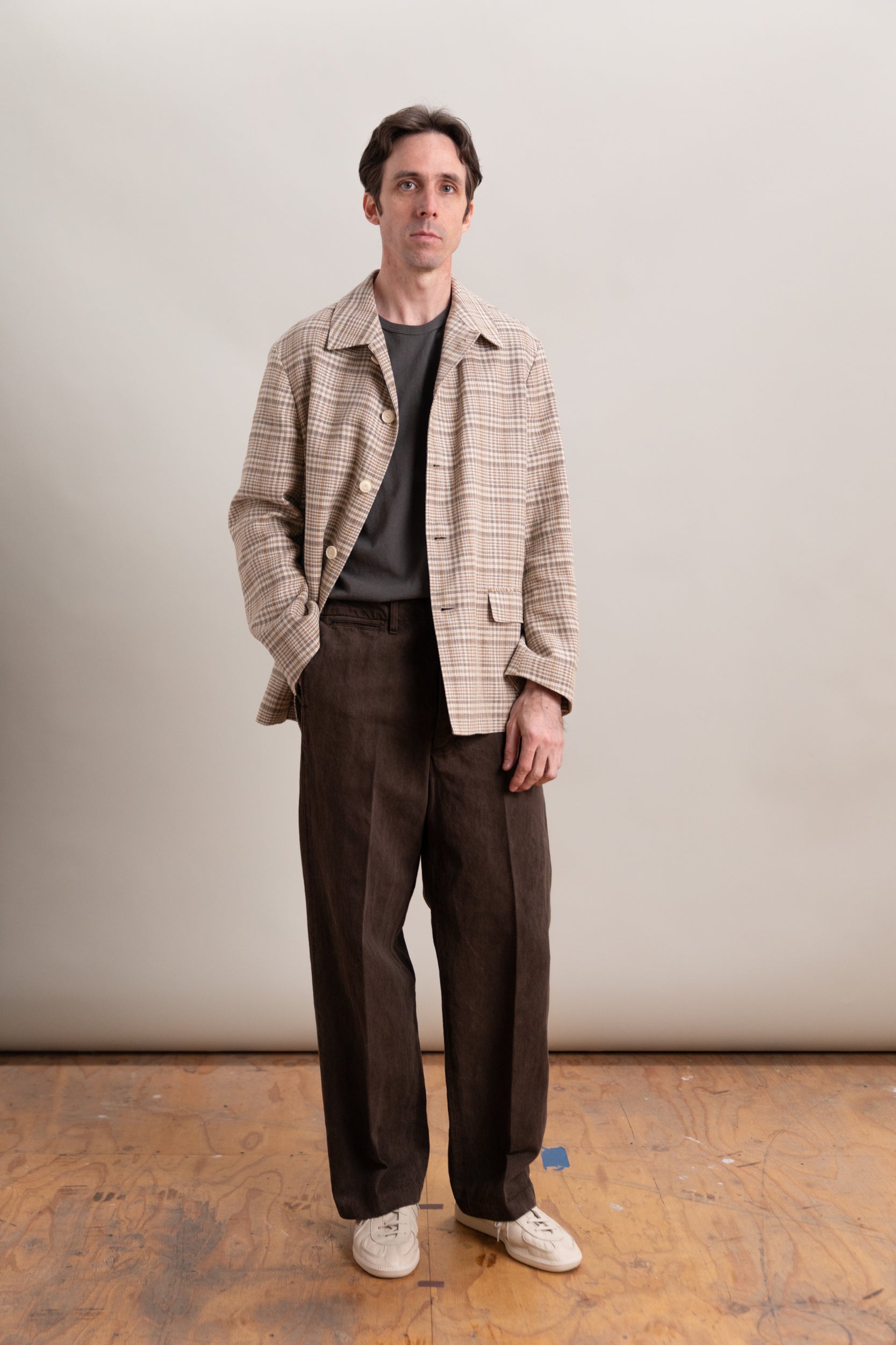SILK LINEN NEP CHECK JACKET IN BEIGE IVORY CHECK