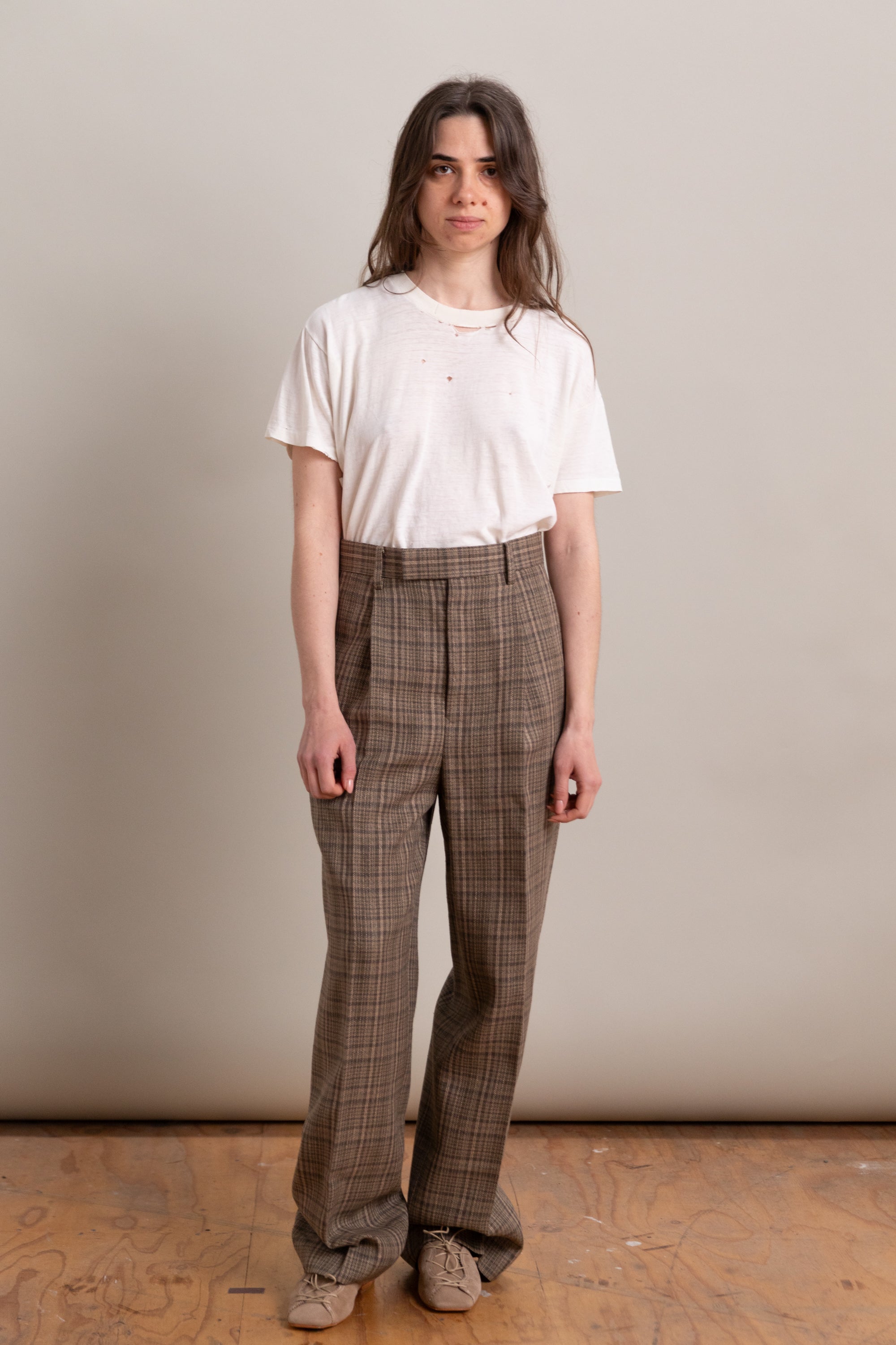 SILK LINEN NEP CHECK ONE-TUCK SLACKS IN DARK BROWN CHECK