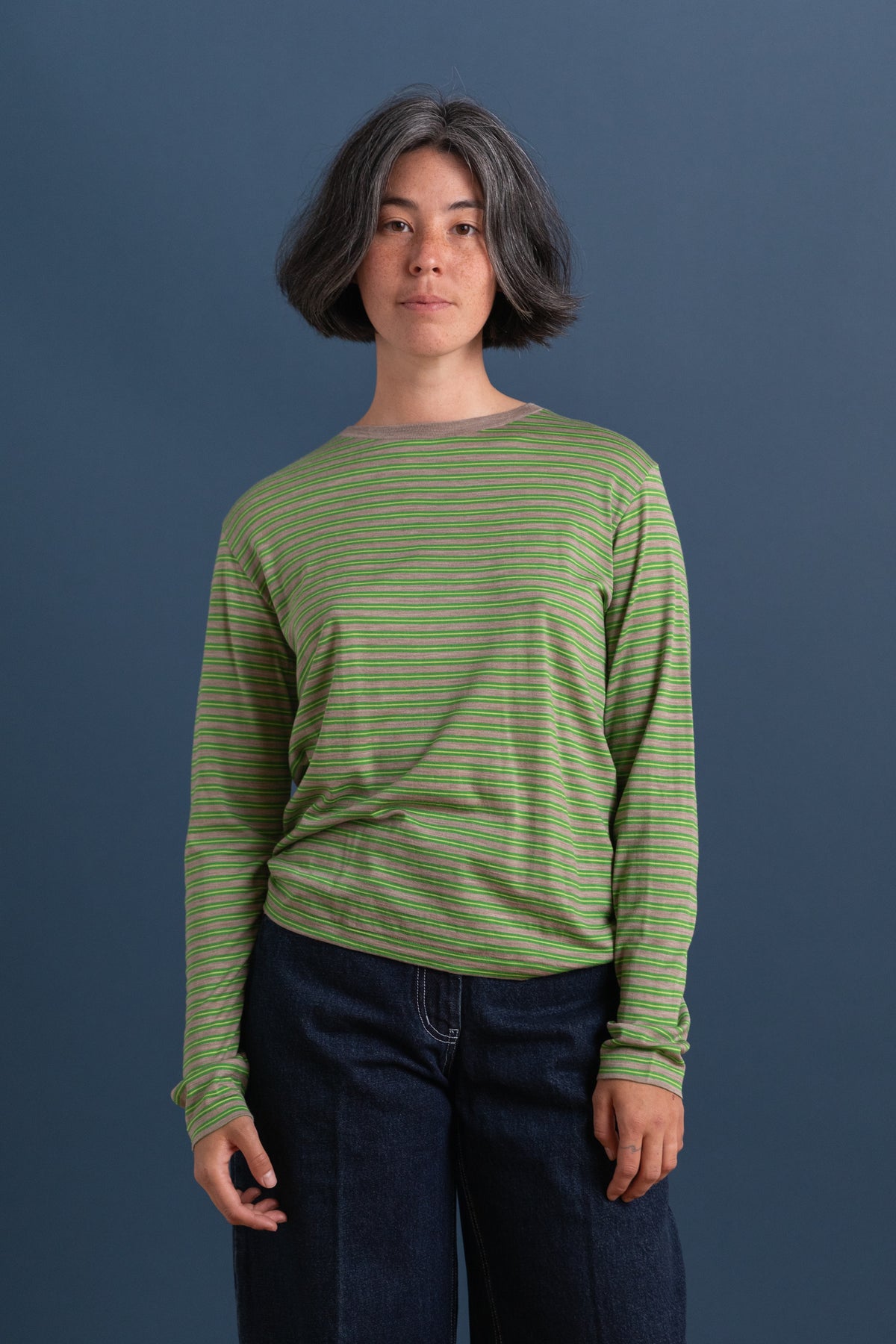 SOFT SMOOTH WOOL STRIPE JERSEY LONG SLEEVE TEE IN GREEN STRIPE