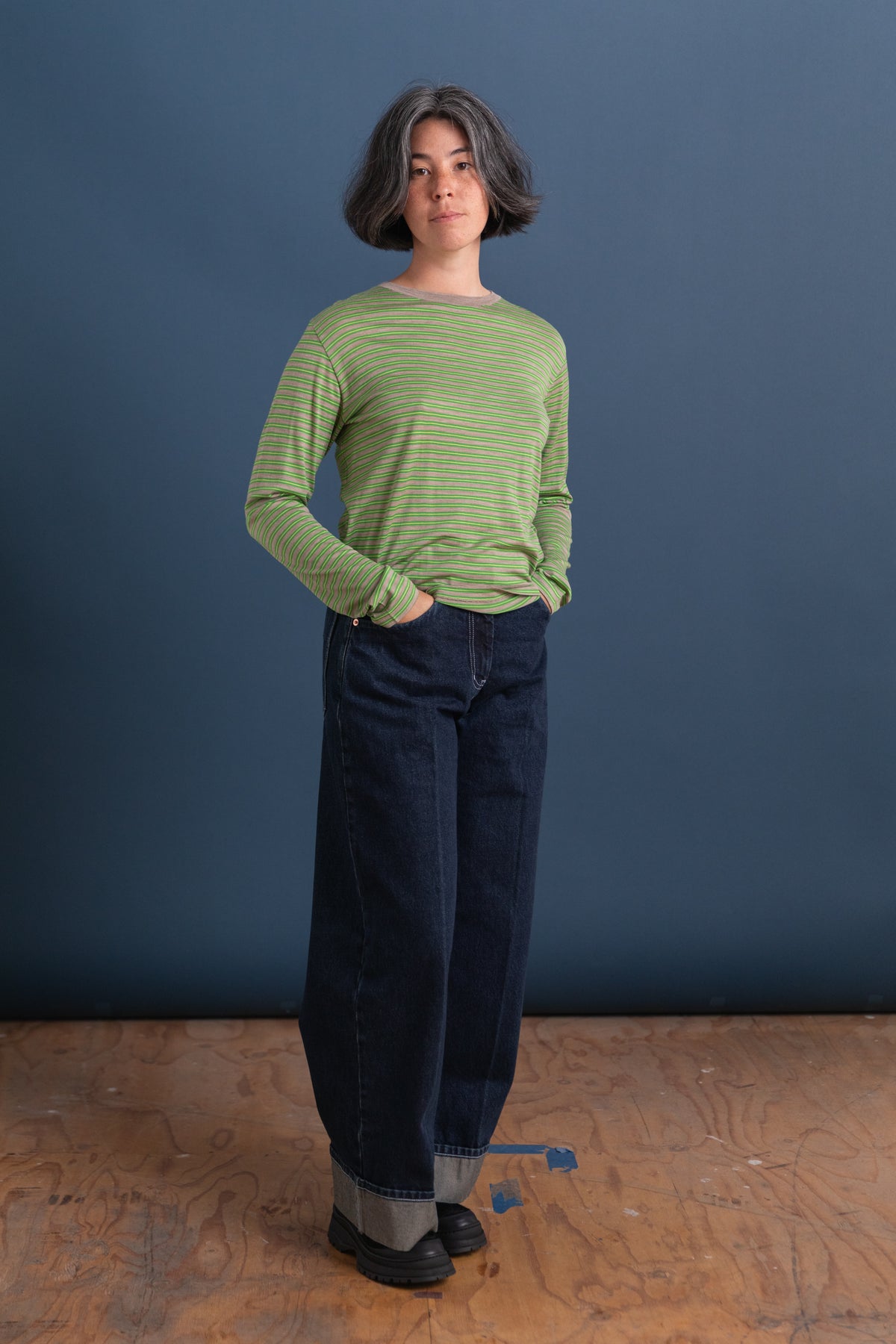 SOFT SMOOTH WOOL STRIPE JERSEY LONG SLEEVE TEE IN GREEN STRIPE