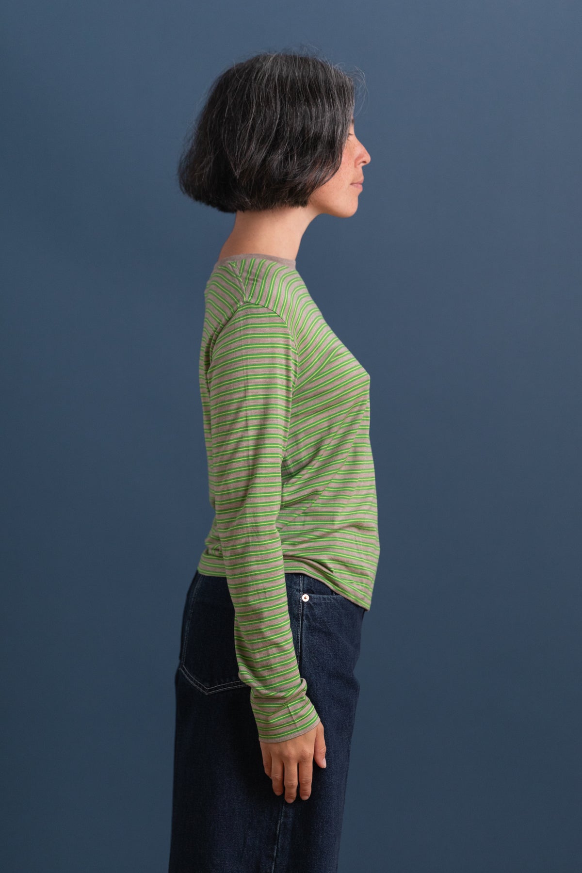 SOFT SMOOTH WOOL STRIPE JERSEY LONG SLEEVE TEE IN GREEN STRIPE