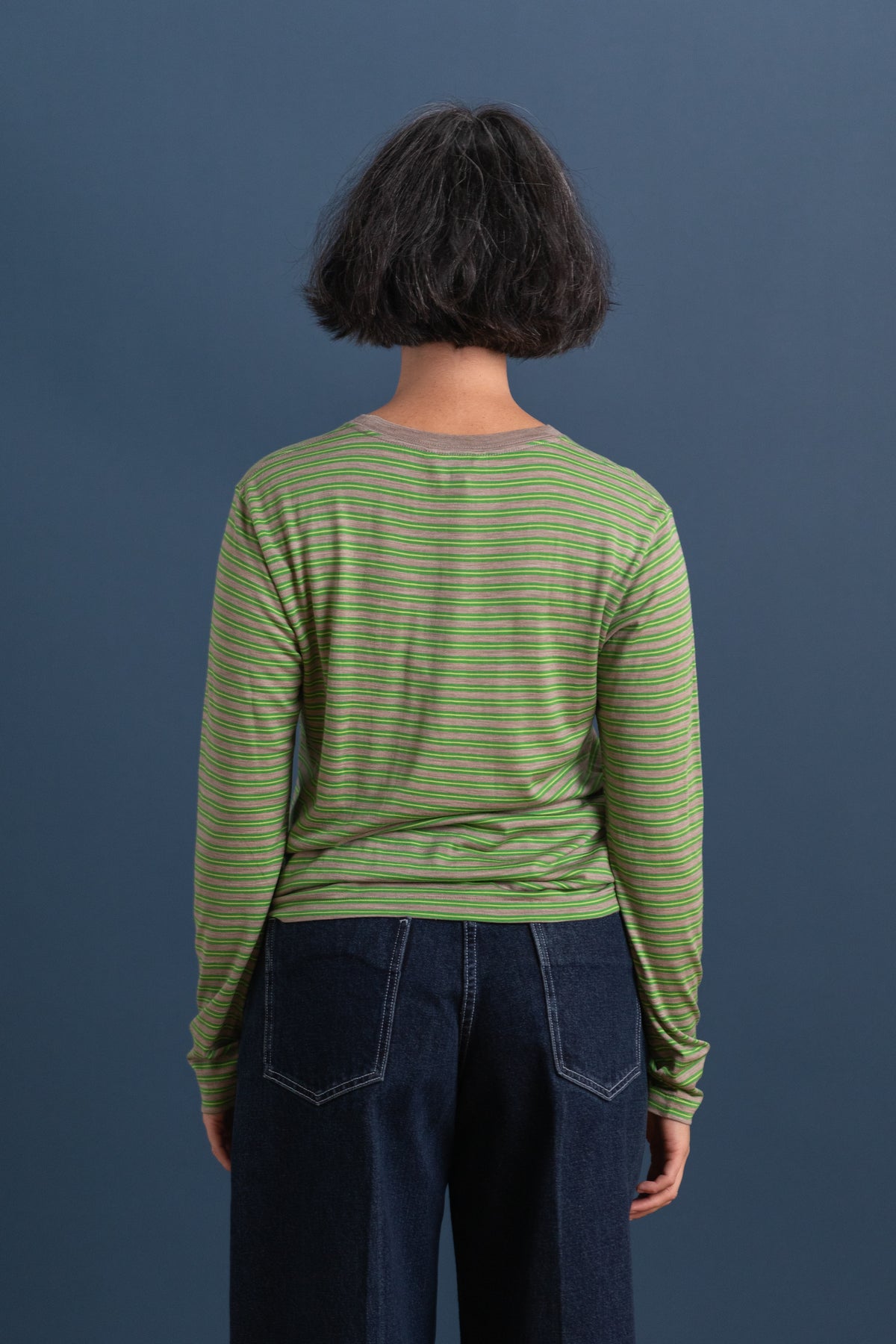 SOFT SMOOTH WOOL STRIPE JERSEY LONG SLEEVE TEE IN GREEN STRIPE