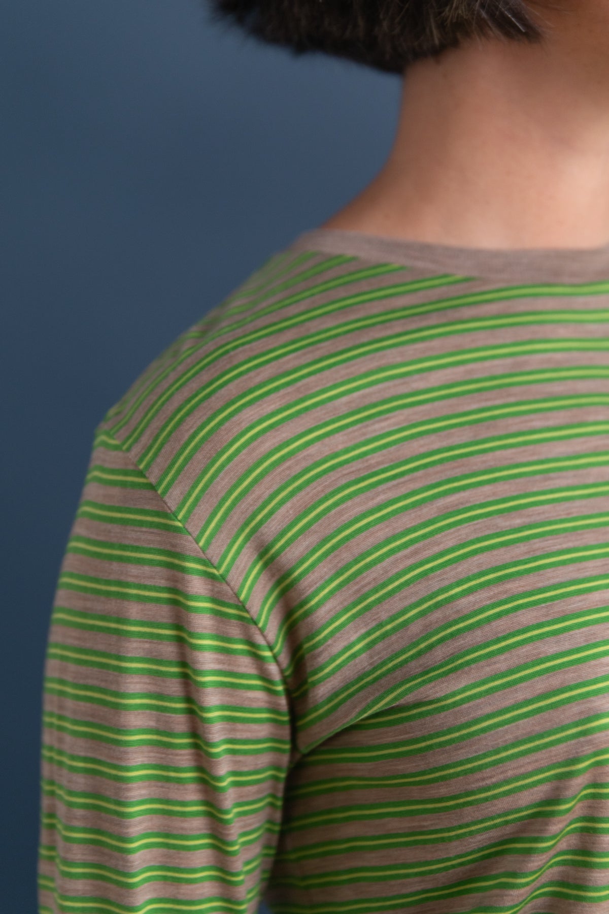 SOFT SMOOTH WOOL STRIPE JERSEY LONG SLEEVE TEE IN GREEN STRIPE
