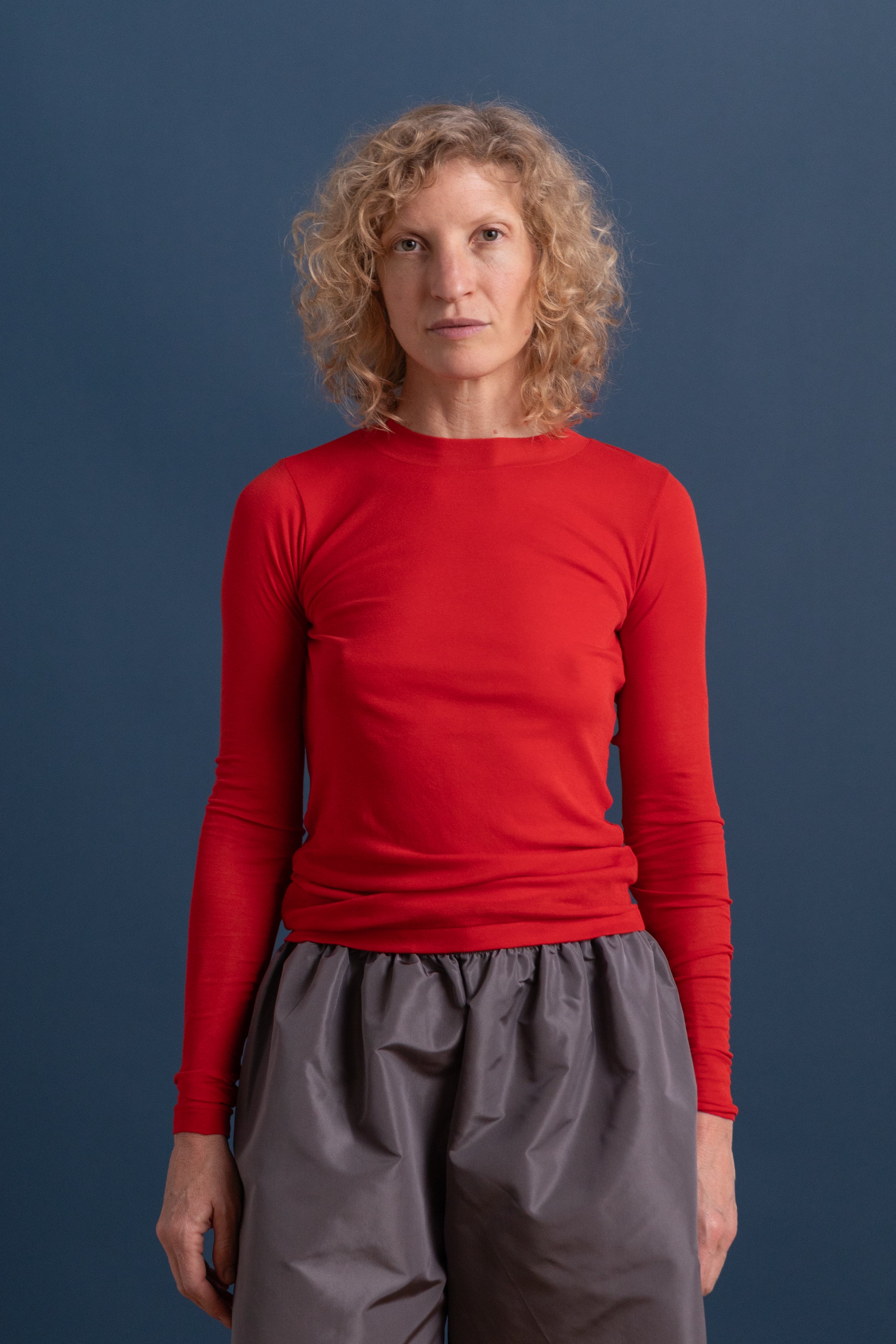 SUPER HIGH GUAGE SHEER RIB LONG SLEEVE TEE IN RED