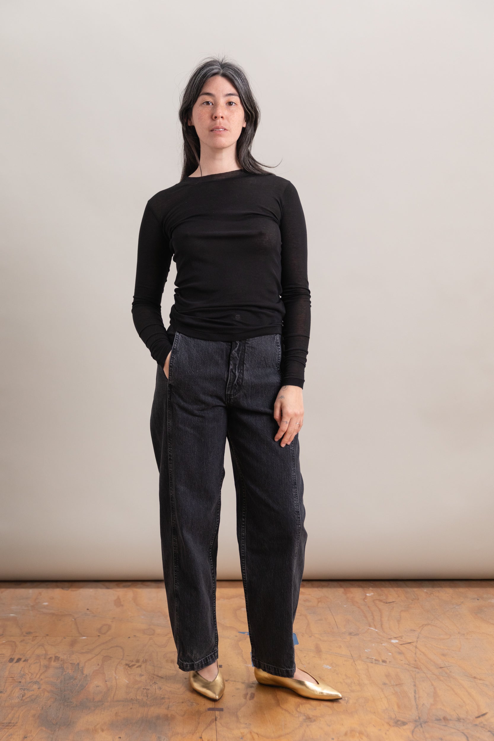 SUPER HIGH GUAGE SHEER RIB LONG SLEEVE TEE IN BLACK