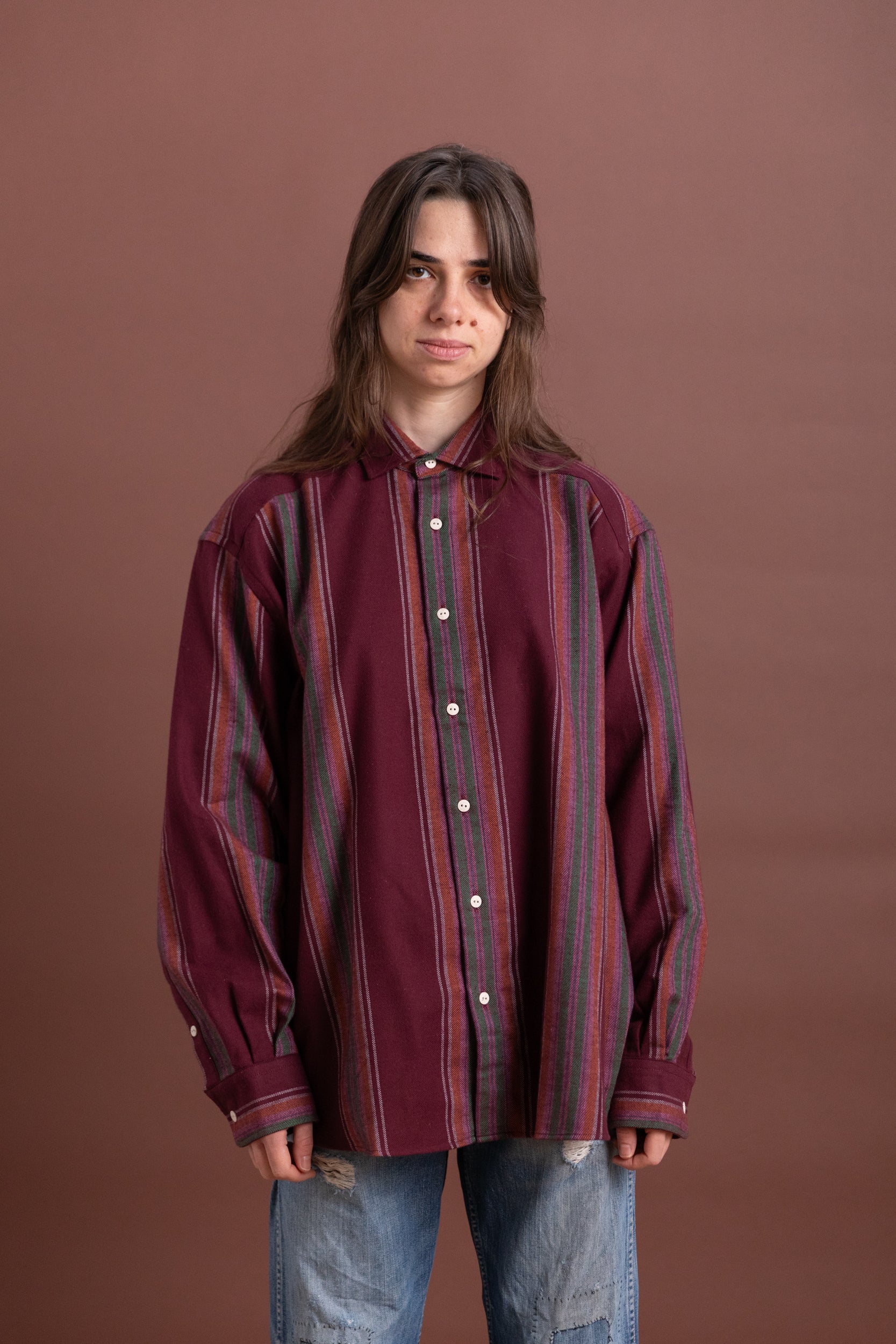 CLAUDE SHIRT IN FLANNEL MAROON STRIPE