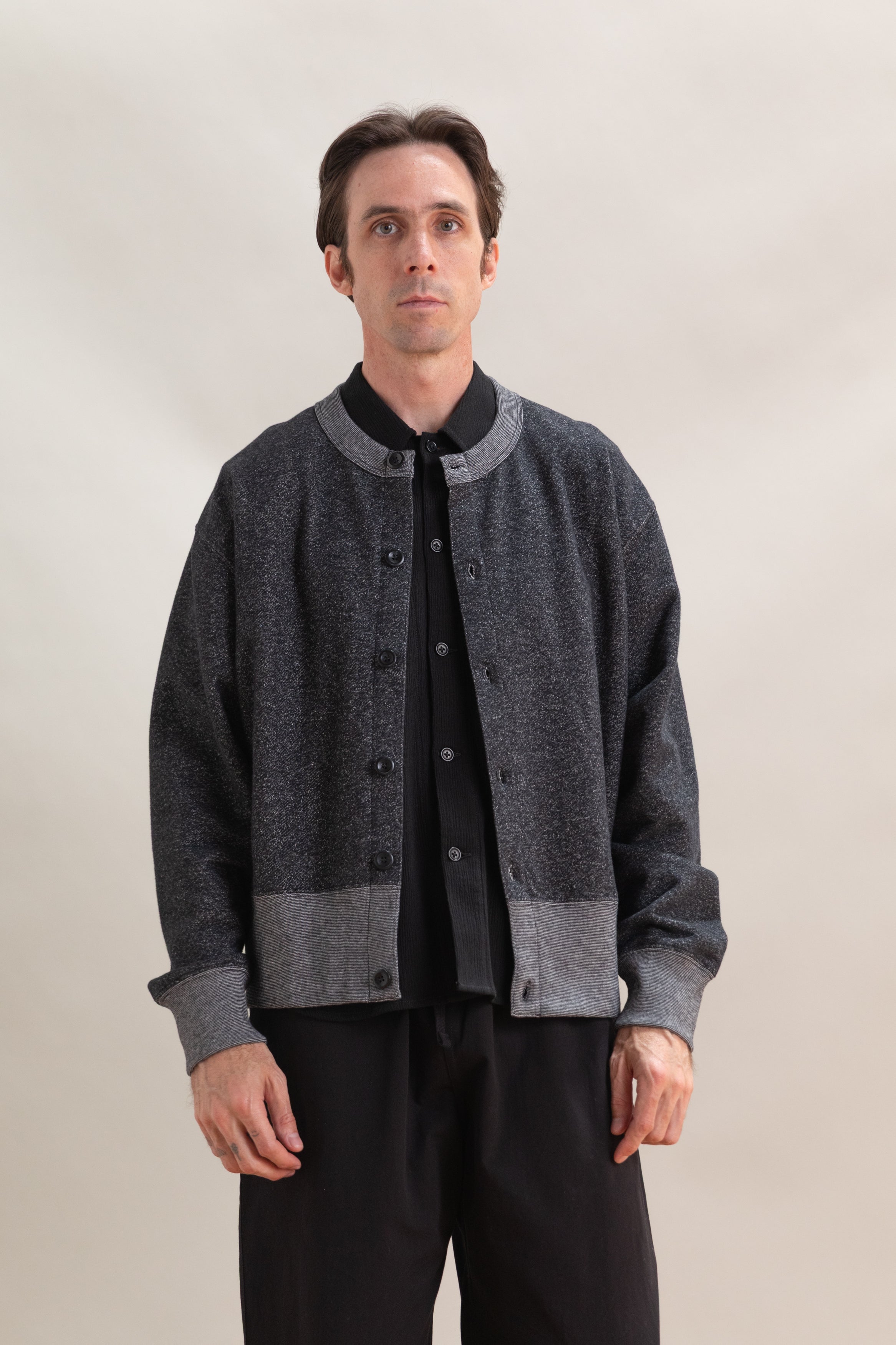HEATH CARDIGAN IN BLACK PEBBLE KNIT FRENCH TERRY
