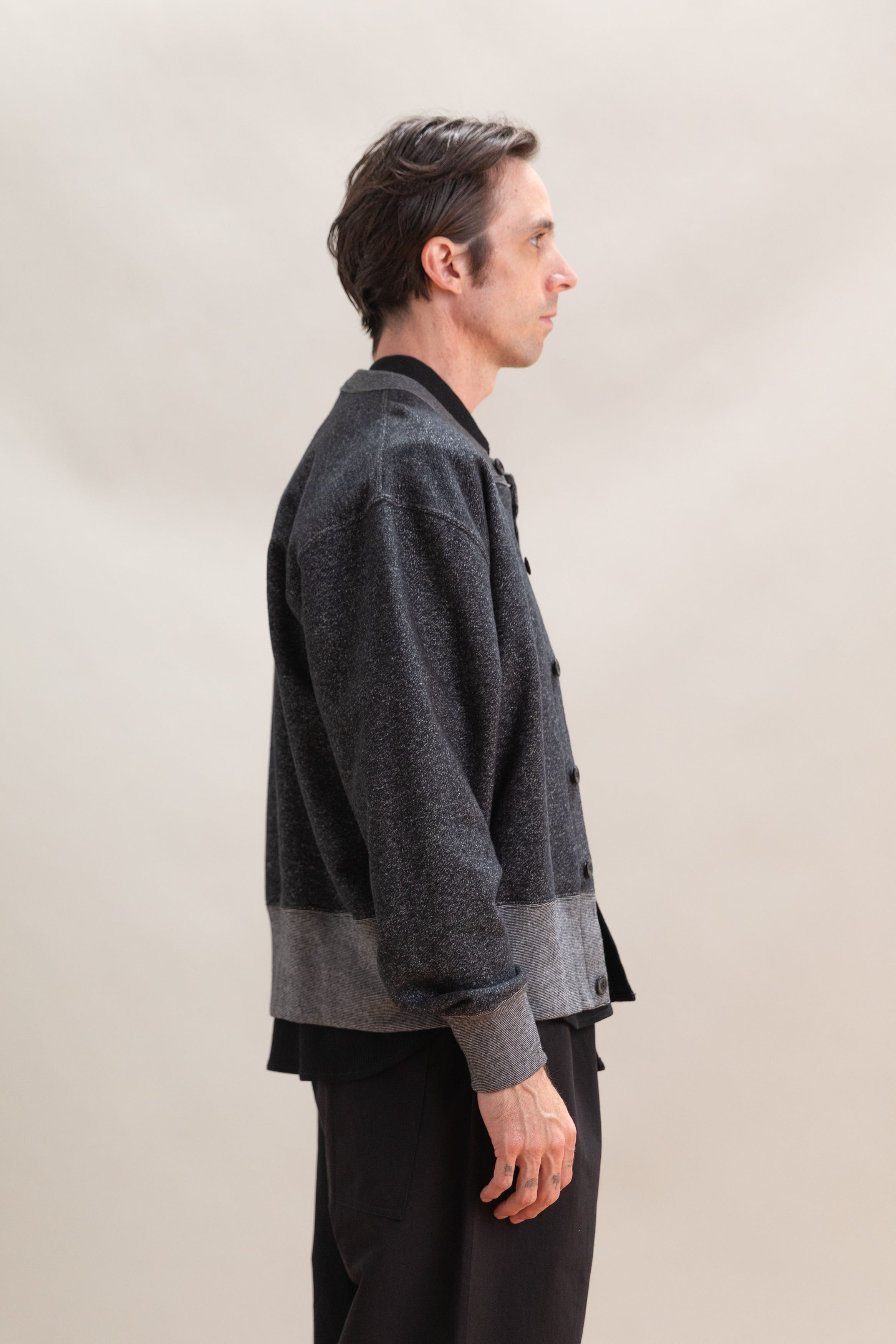 HEATH CARDIGAN IN BLACK PEBBLE KNIT FRENCH TERRY