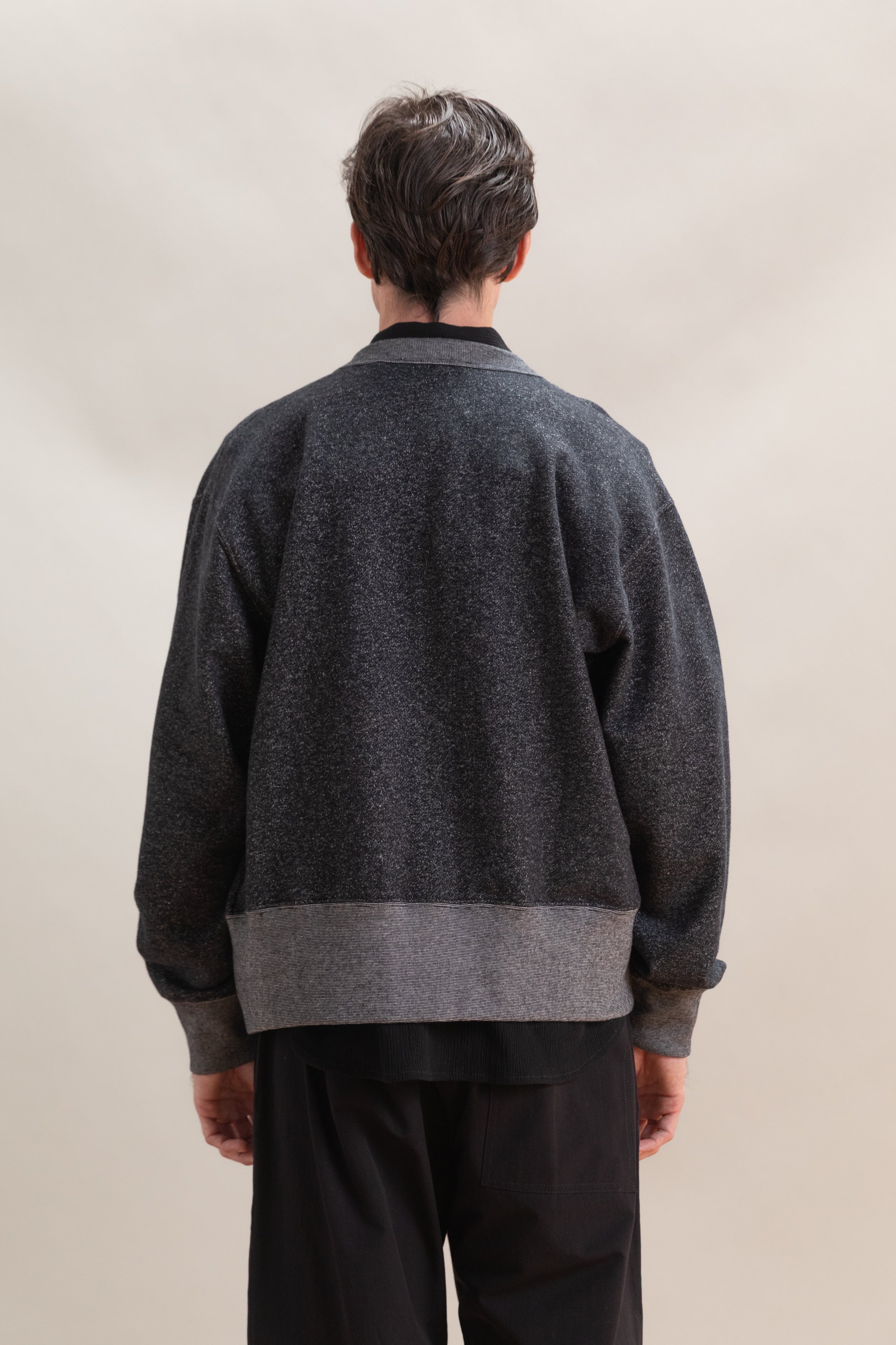 HEATH CARDIGAN IN BLACK PEBBLE KNIT FRENCH TERRY