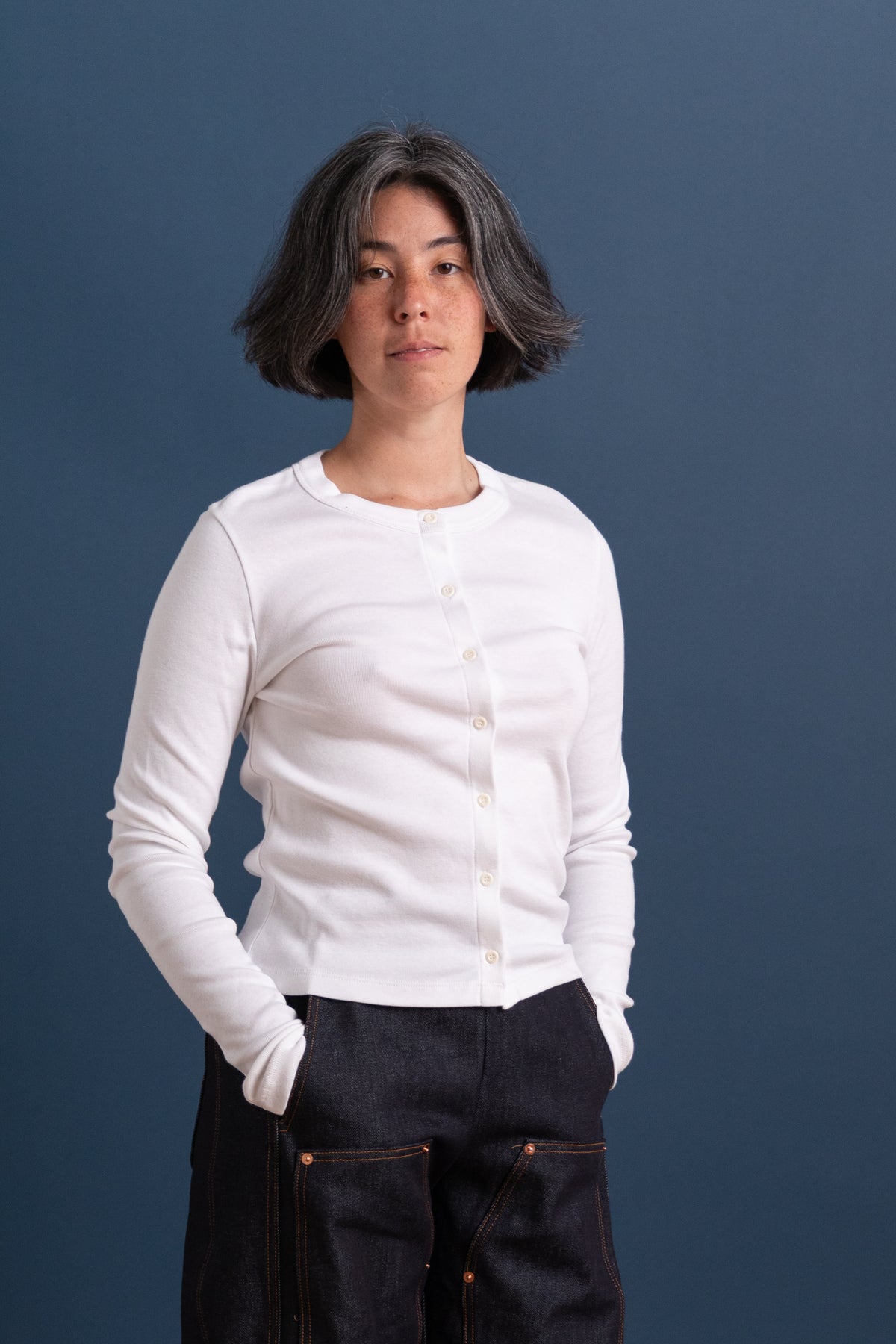 MAGNOLIA CARDIGAN IN WHITE FINE RIB JERSEY
