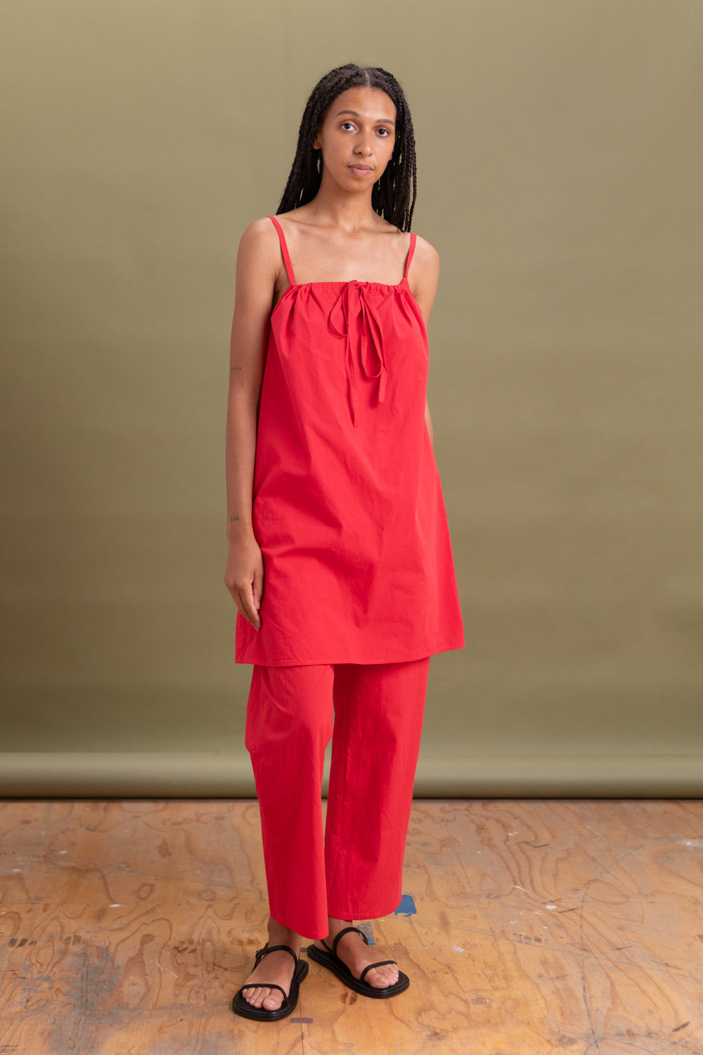 BOW DRESS IN RED COTTON POPLIN