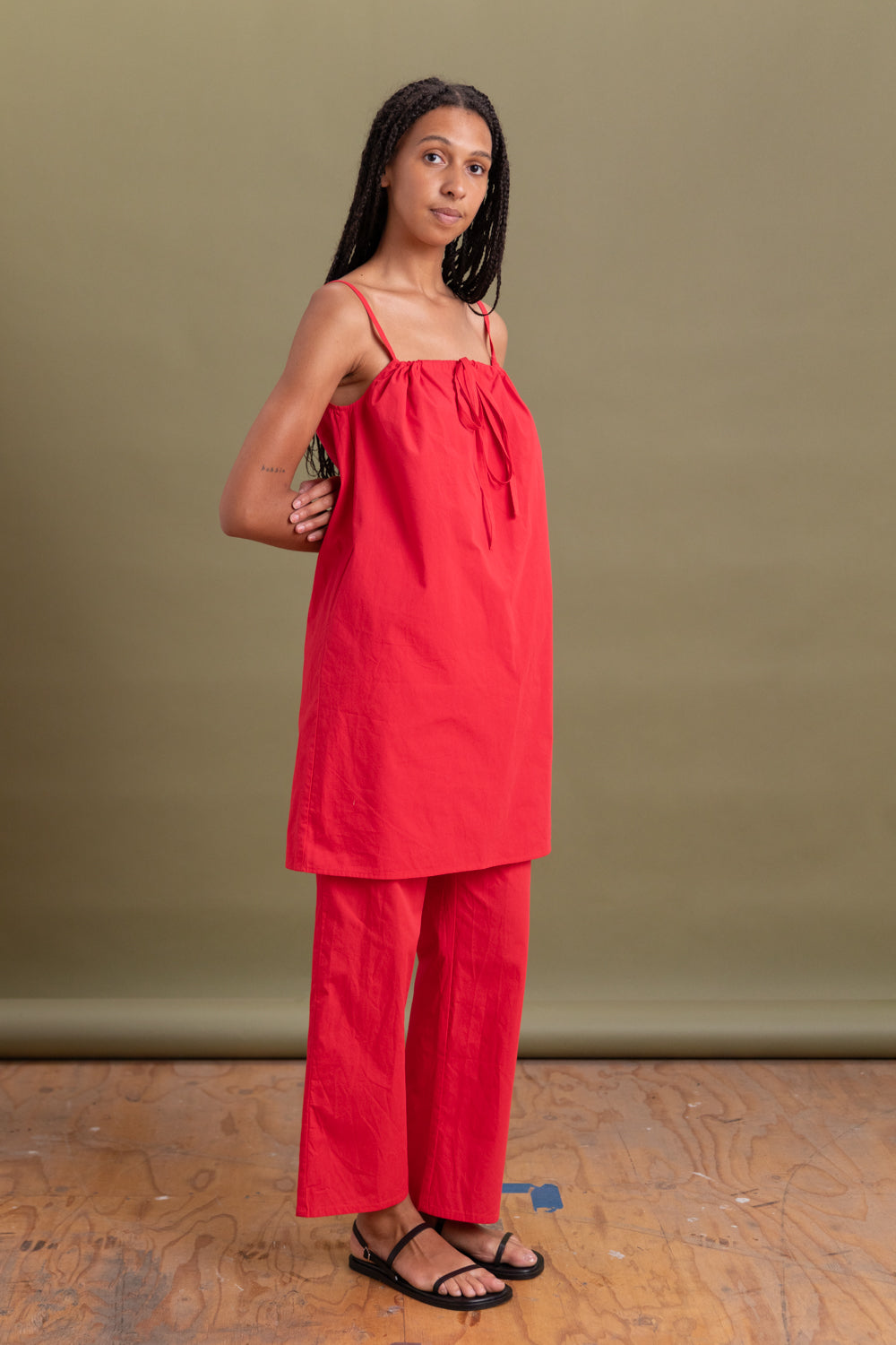 BOW DRESS IN RED COTTON POPLIN