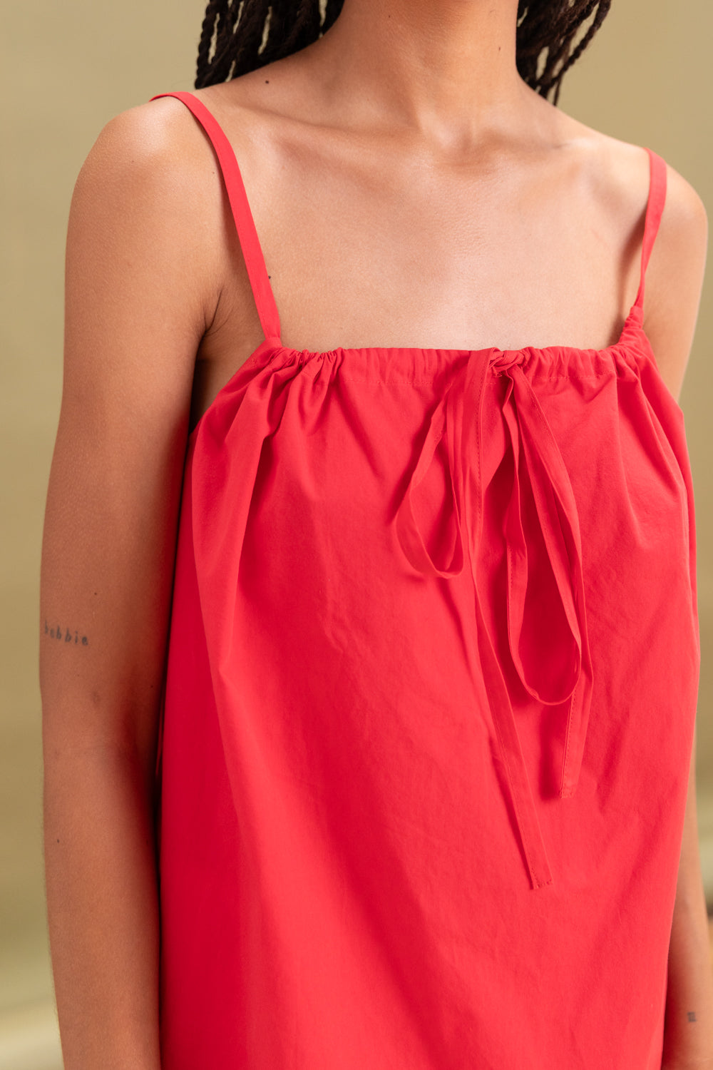BOW DRESS IN RED COTTON POPLIN