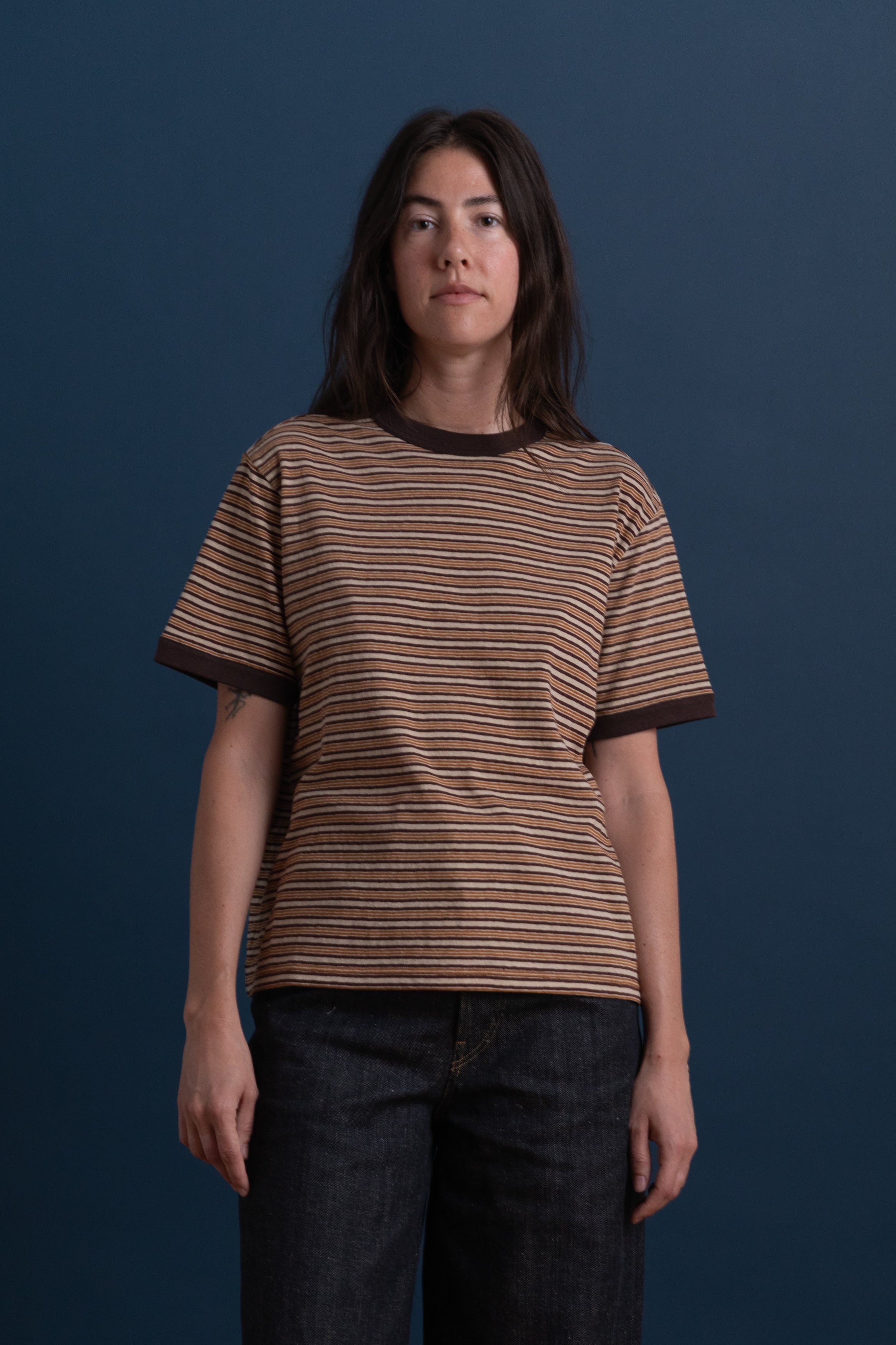 JAPANESE JERSEY SHORT SLEEVE T-SHIRT IN BROWN STRIPE
